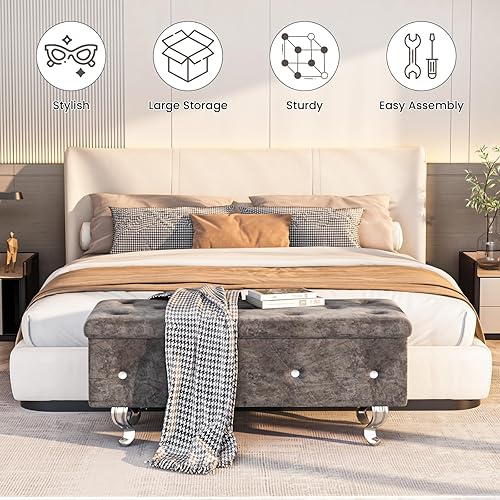 Miniatura 5 de Recaceik Otomana de terciopelo con almacenamiento, banco otomano tapizado de almacenamiento con botones acolchonados, banco plegable de 37.4