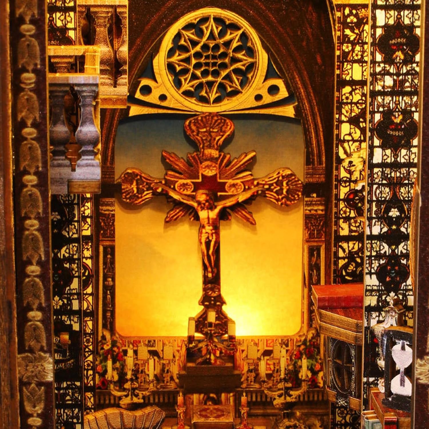 木製のパズルブックノックブックシェルフインサート装飾路地のブックエンドモデルクリエイティビティキットと大人の子供向けのLEDライトミ