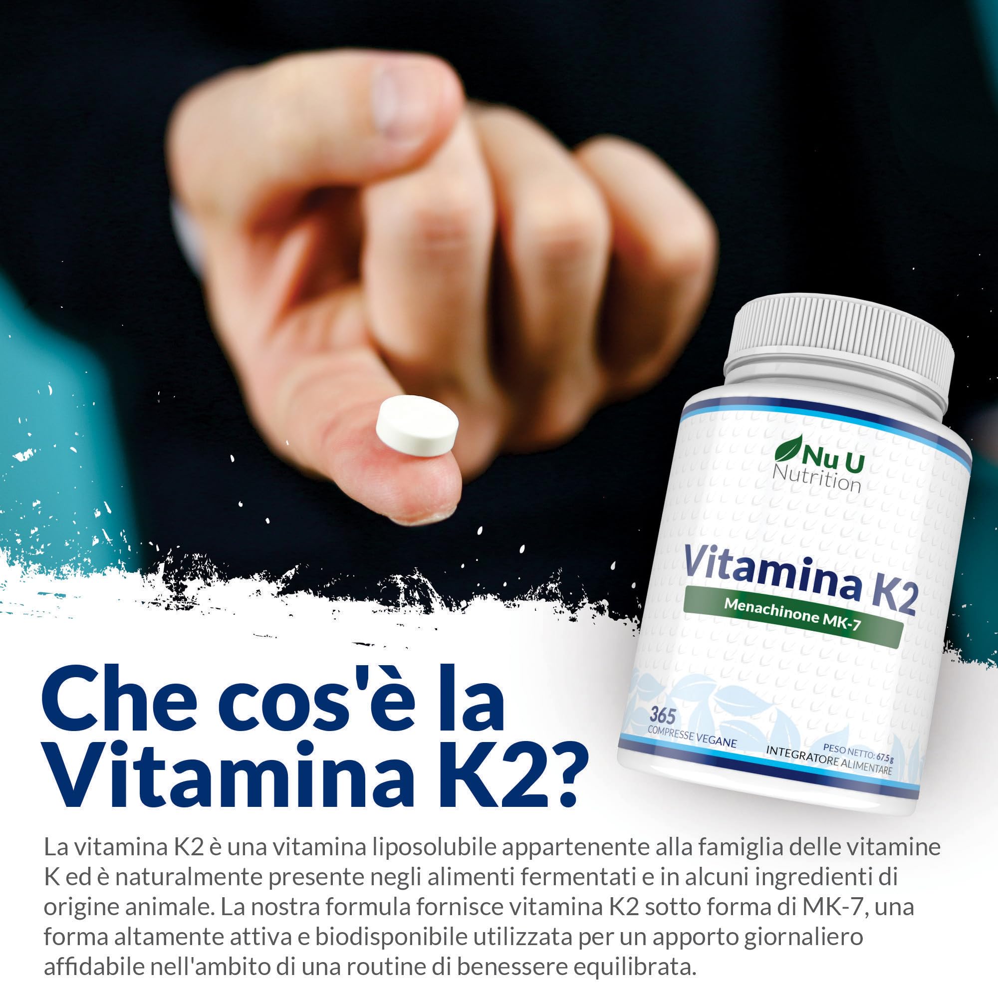 Vitamina K2 MK7 200mcg - 365 Compresse Vegane - 1 Anno di Scorta - Alta Concentrazione di Vit K Menachinone MK-7 da Natto - Prodotto in Europa - Nu U Nutrition