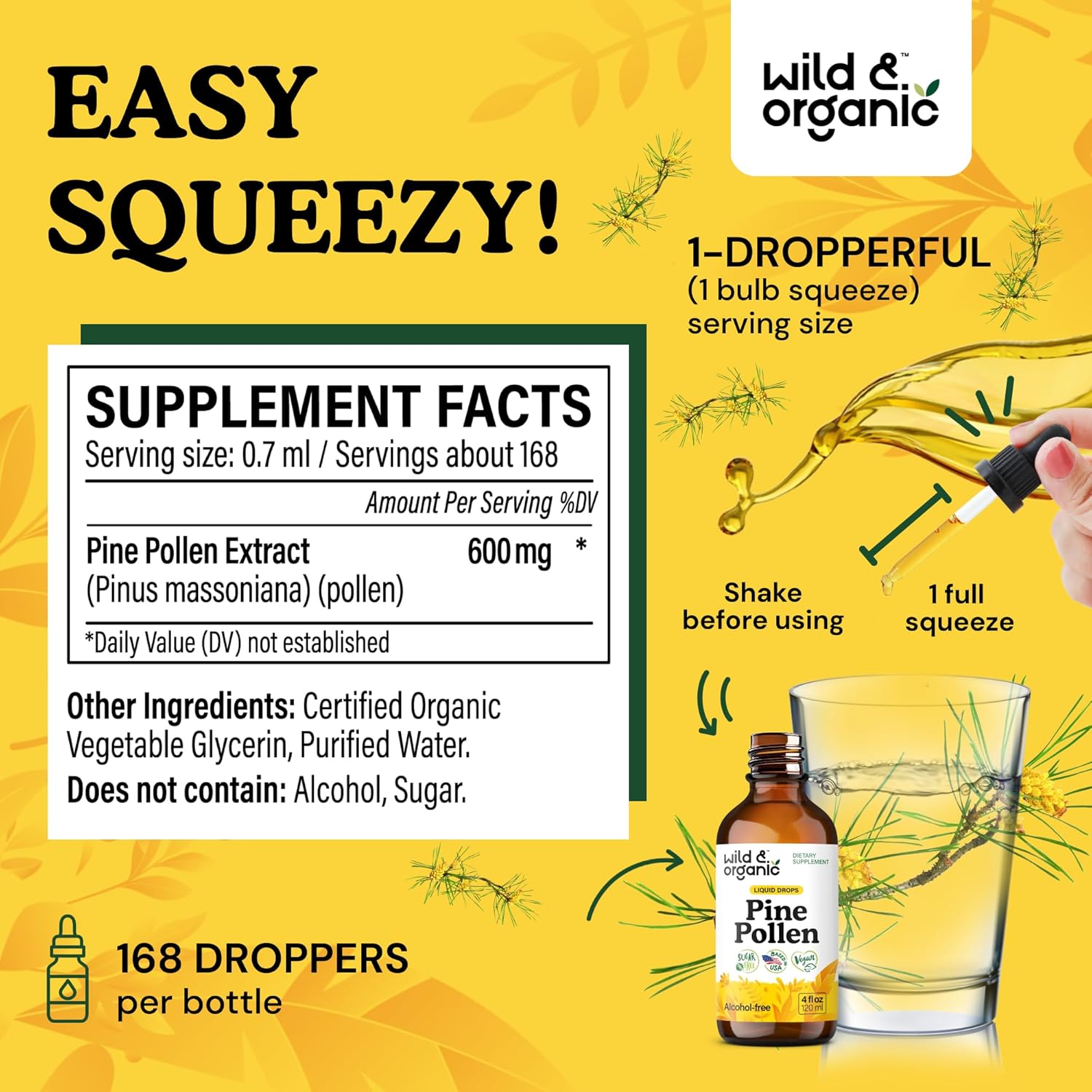 Wild & Organic Pine Pollen Tincture - Pine Pollen Powder Liquid Drops for Men & Women - Vegan, Sugar & Alcohol-Free Supplement - 4 fl oz - Image 3