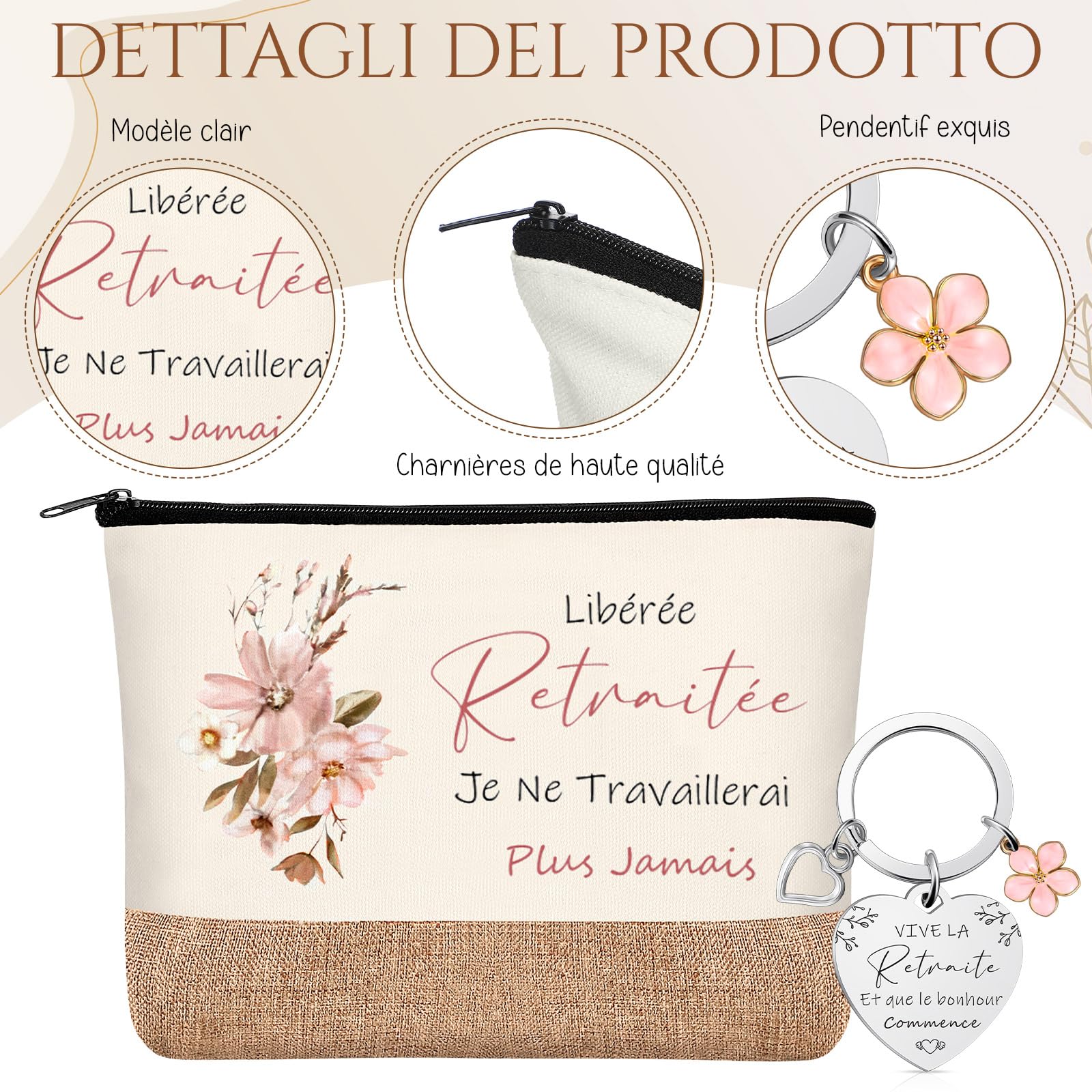 Cadeau Retraite Femme Sac à Main Tote Bag Trousse à Maquillage Pochette Cosmétique Porte-Clés Enveloppe avec Fleur