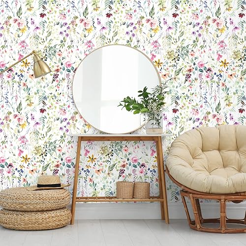 Miniatura 3 de VEELIKE Papel tapiz de flores silvestres de acuarela para despegar y pegar, papel tapiz floral extraíble para dormitorio, baño, guardería, 17.7 x
