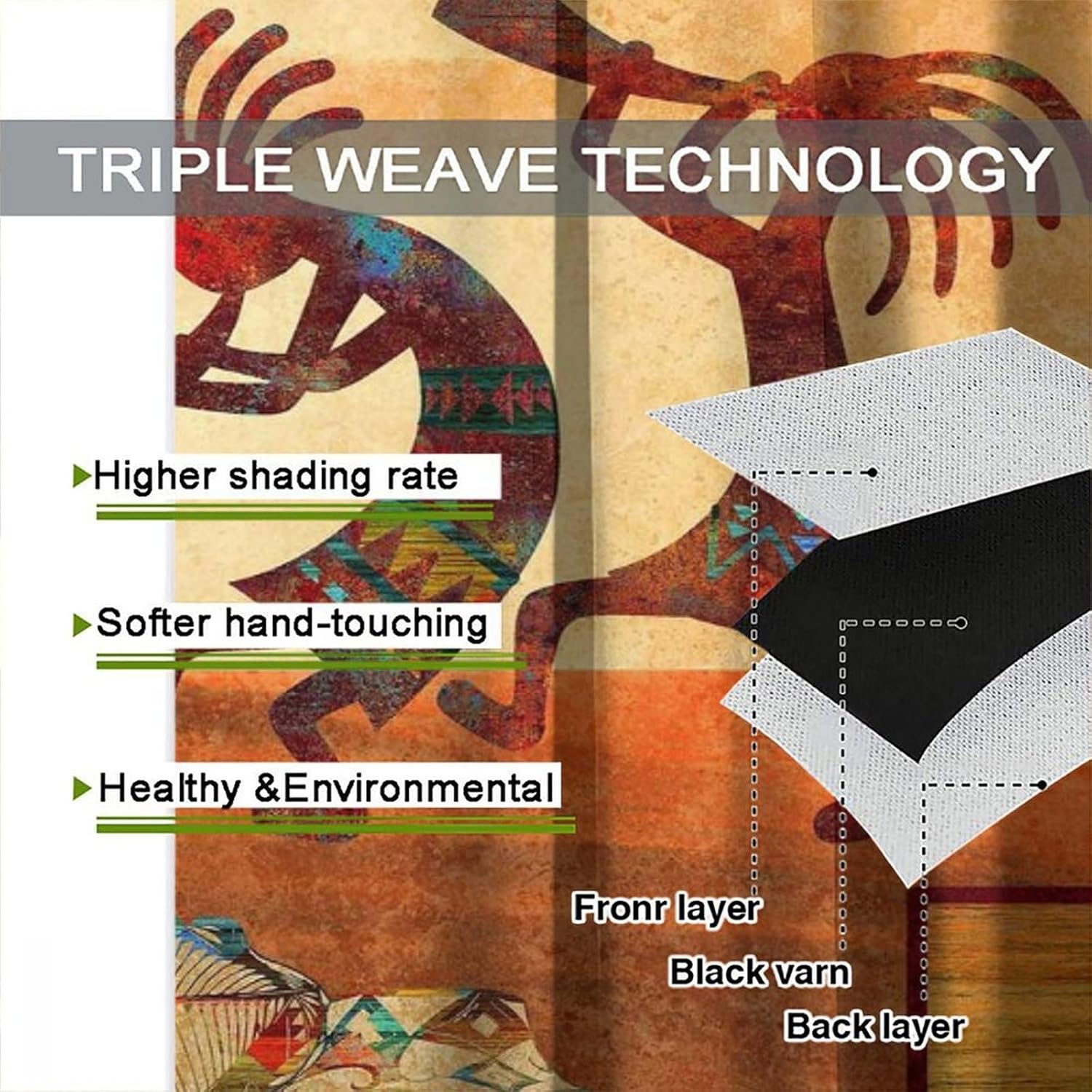 Kokopelli Blackout Window Curtain，Arizona Kokopelli Cactus Desert Flute Art for Bedroom Living Room Darkening Window Drapes 2 Panels 42x45 Inch