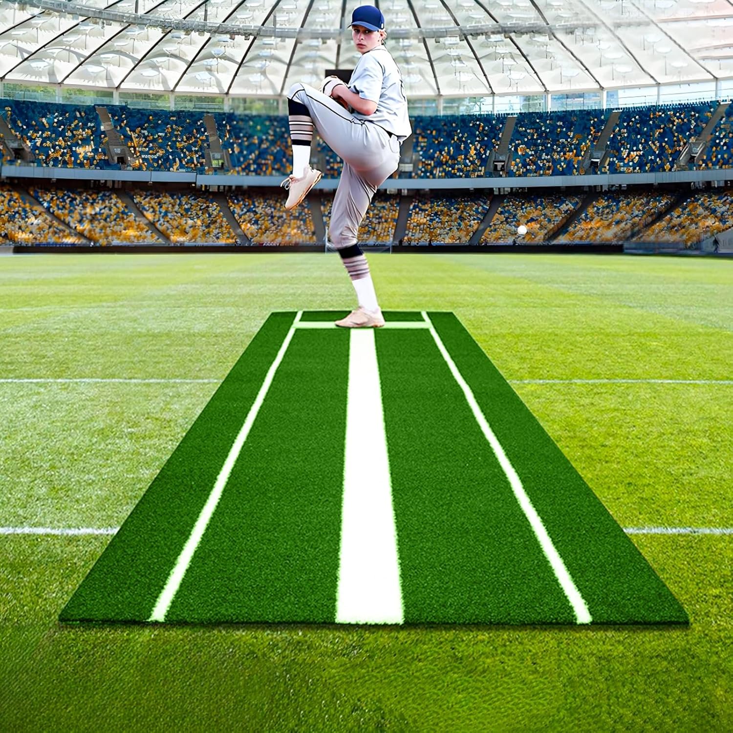 Softball Pitching Mat, 10 x 3 FT Baseball Training Mat with Rubber and Powerline, Artificial Grass Softball Pitchers Mound with Carry Strap, Anti-Slip Baseball Practice Aid Pad for Indoor Ou