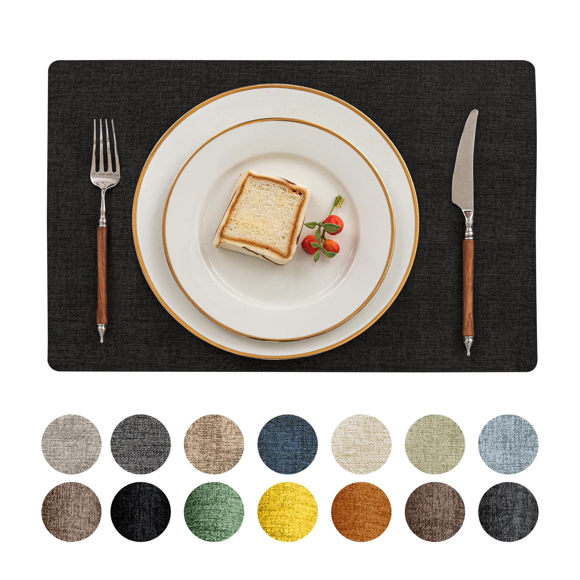 Romanstile Reversible Vinyl Placemats Set of 4, Faux Leather 100% Waterproof Oil-Proof Wipeable Place Mats, Heat Resistant Dual Sided Table Mats for Kitchen/Dining/Party (Black, 12 x 18 Inch)