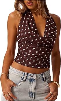 MakeMeChic Women's Polka Dots Halter Top Crop Draped Cowl