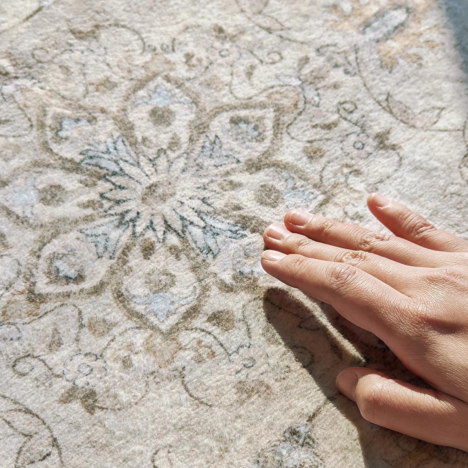 jinchan 3x8 Vintage Runner Rug for Hallway Washable Kitchen Runner Floral Distressed Design Non Slip Thin Indoor Floor Cover Low-Profile Throw Carpet for Entryway Bathroom Bedroom Porch, Taupe