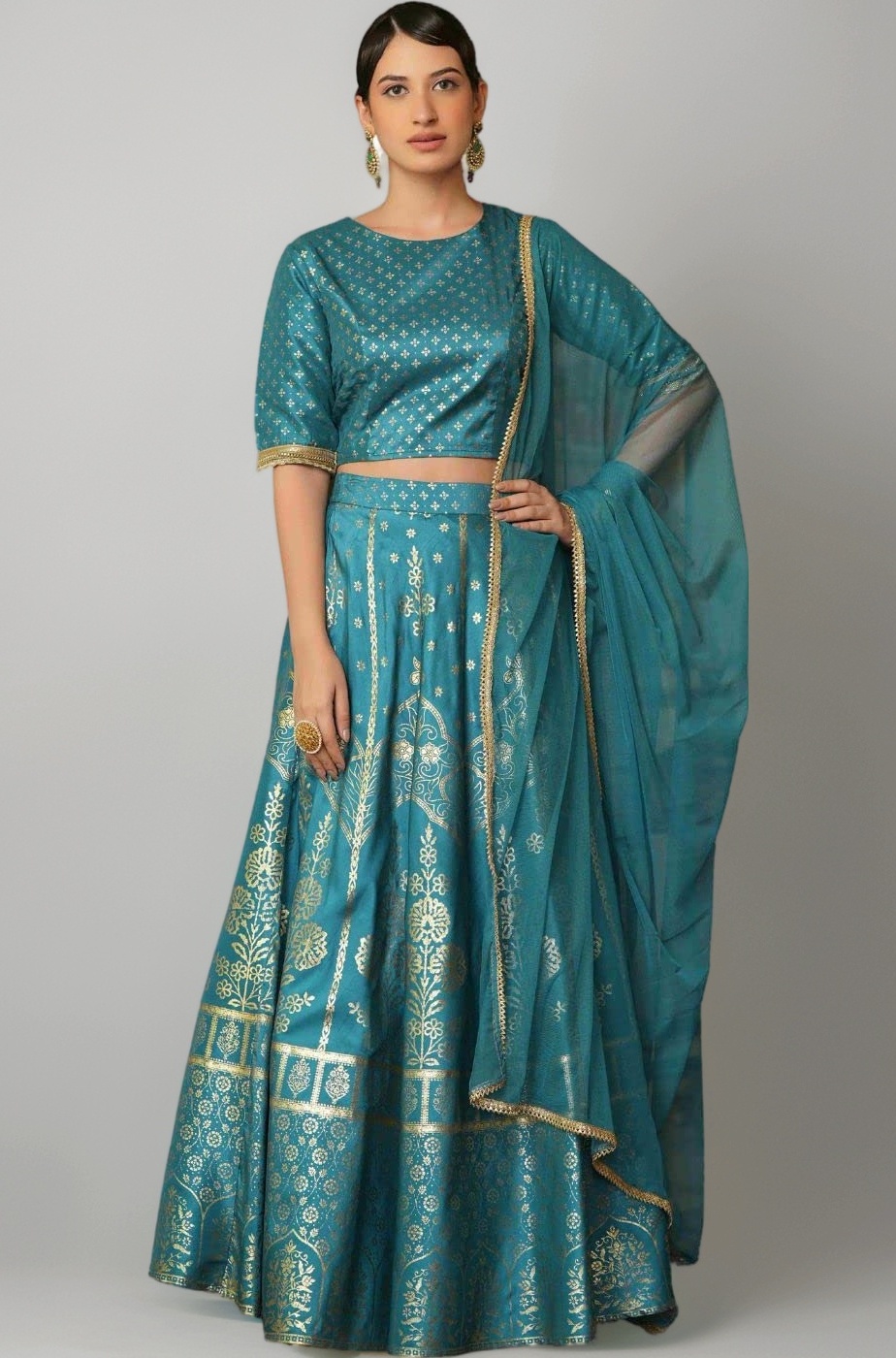 Juniper Women's Green Santoon Slub Festive Foil Printed Straight Lehnga Choli Set