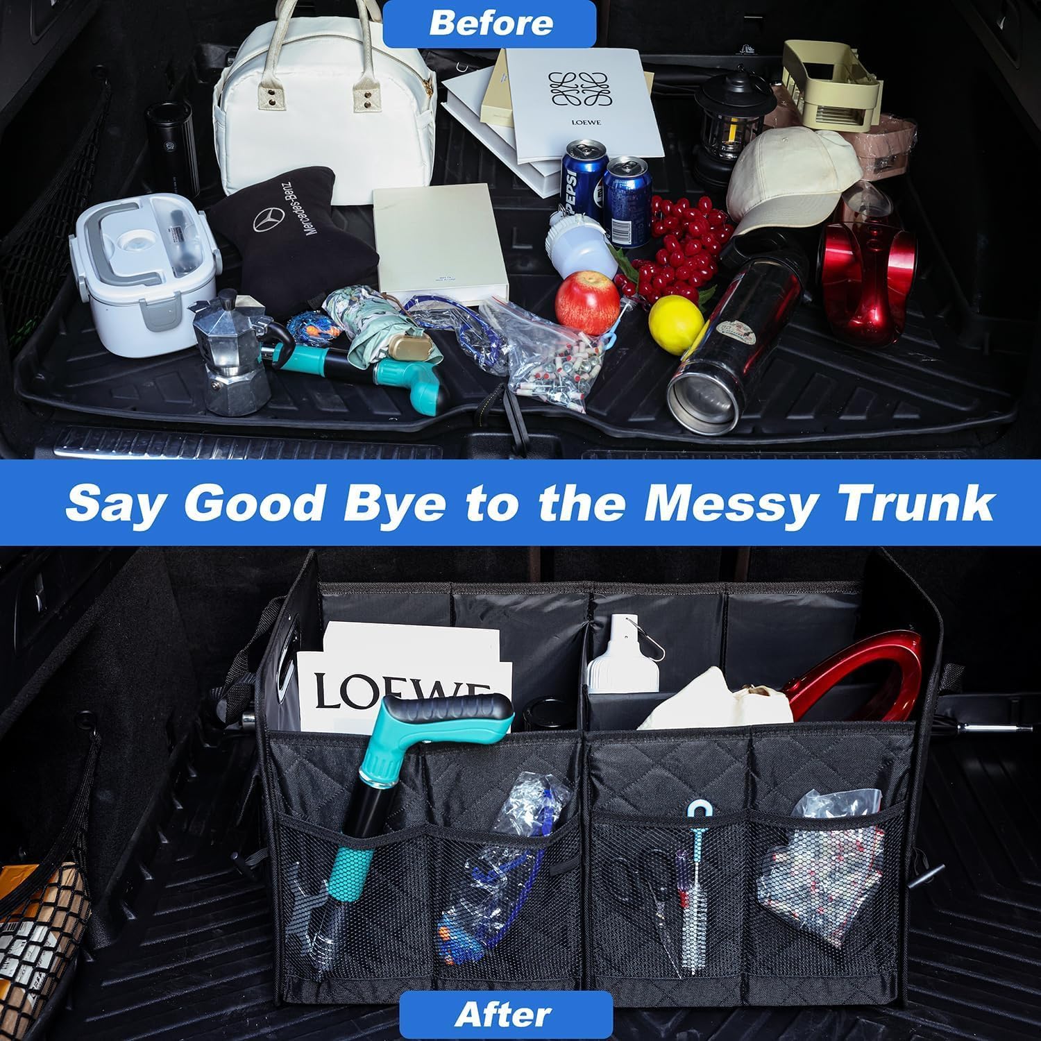 AOPHY Car Trunk Organizer, 75L Large Capacity Waterproof Auto Storage with Non-Slip Bottom Strips, Collapsible Cargo Organizer for Suv, Truck, Sedan, Portable Car Accessories for Women Men(Black)