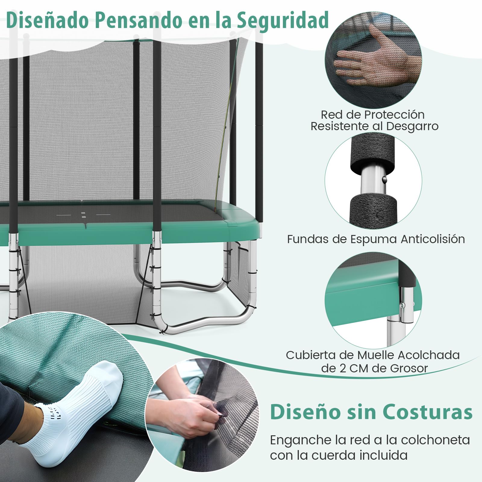 COSTWAY Cama Elastica Infantil, Trampolín Rectangular para Exteriores de 317 x 255 cm, Trampolín para Niños Multifuncional con Canasta de Baloncesto, Red de Protección para Niños Adultos