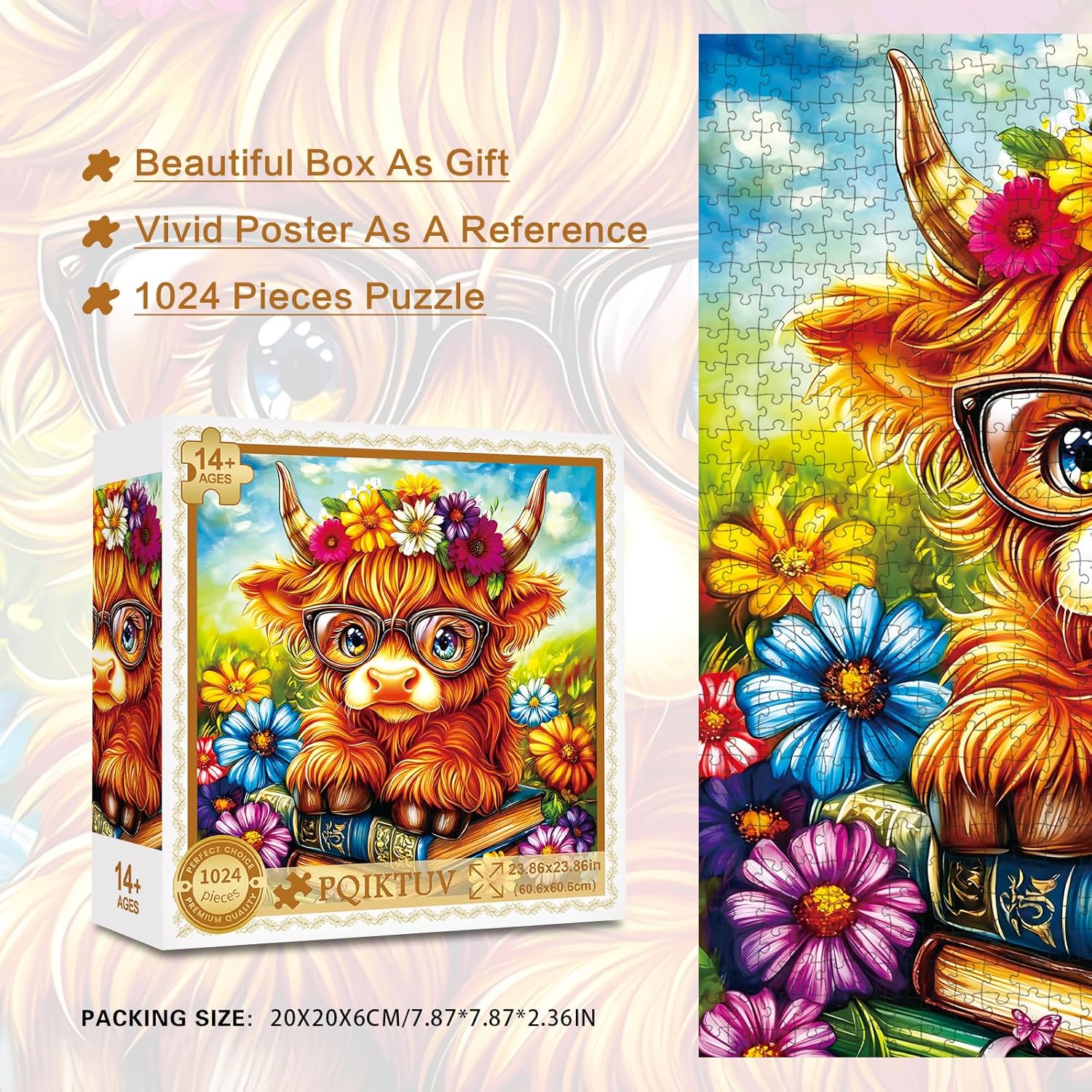Cute Highland Cow Jigsaw Puzzle 1024 Pieces for Adults Glasses Cow Puzzle, Decorative Wall Art for Home, Puzzles with Letter Markings, Funny Gift（23.86 x 23.86 in）