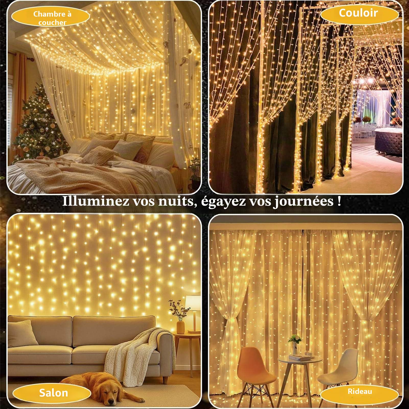 Joycome Rideau Lumineux, 6x3m 600 LED Guirlande Rideau Lumineuse Alimenta Secteur, 8 Modes Guirlande Lumineuse Pour Interieur Exterieure Murale Chambre Plafond Balcon Mariage Décoration - Blanc Chaud