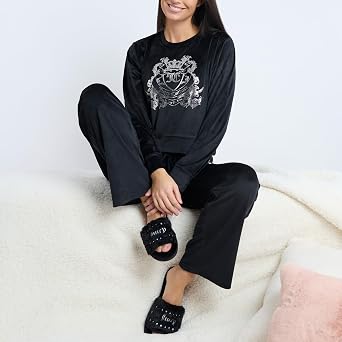 Juicy Couture Women's 2 Piece Velvet Fleece Long Sleeve Pullover Top and Pants Lounge Sleepwear Set