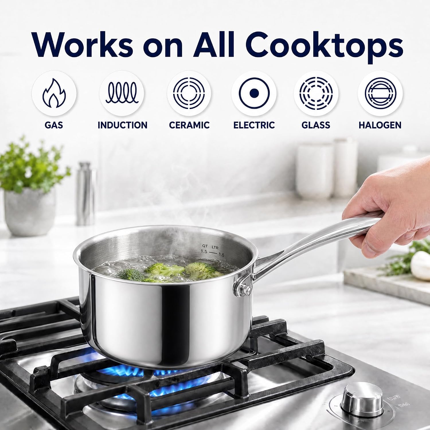 1.5 Quart Titanium Saucepan with Lid, Non-Toxic Titanium sauce pans for cooking, Dishwasher & Oven Safe All Cooktop Compatibility (Gas, Ceramic, Electric)
