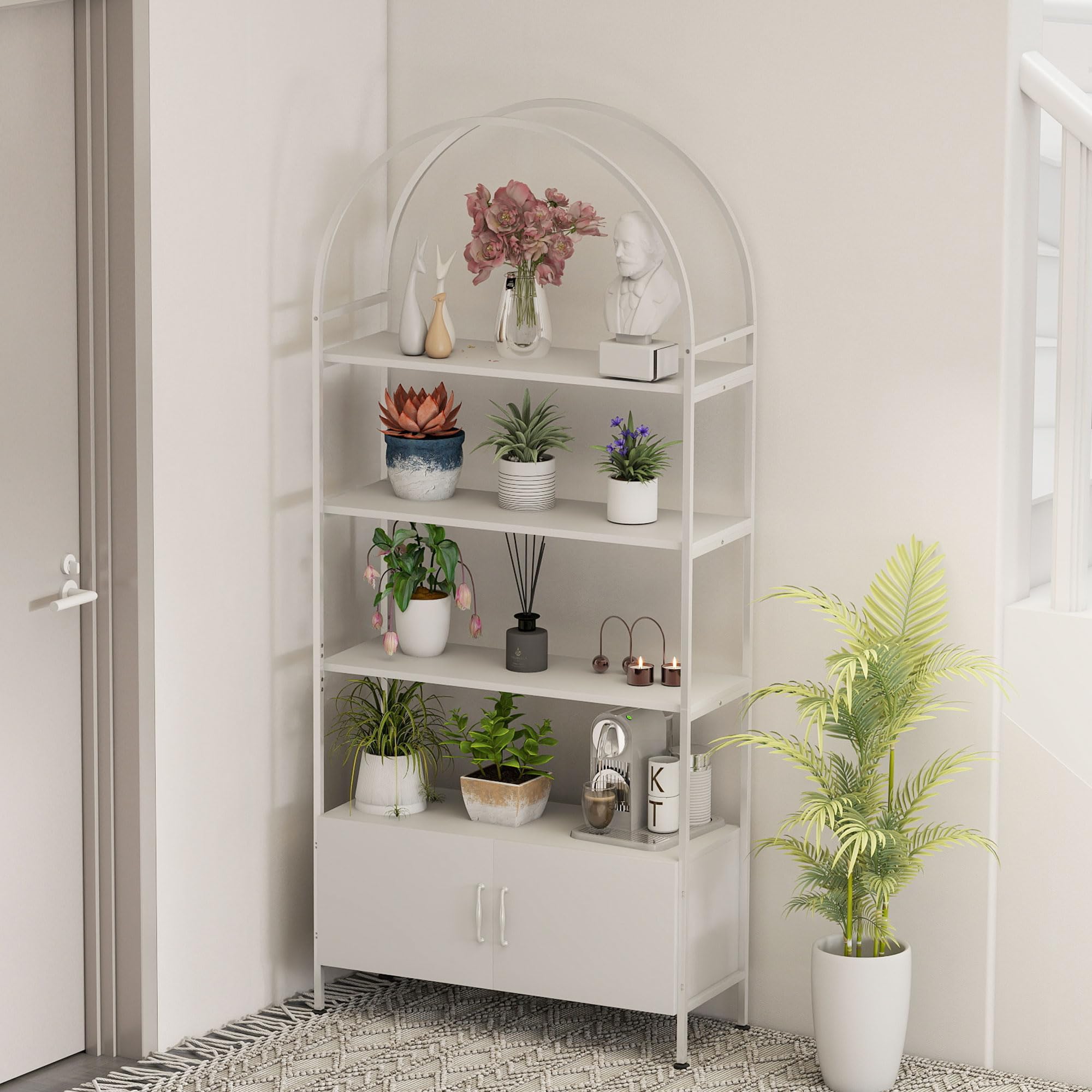 HOMCOM Aufbewahrungsregal, geschwungene Bibliothek auf 4 Ebenen mit zweitürigem Schrank, verstellbare Kufen, Stahlstruktur, für Büro, Wohnzimmer, Schlafzimmer, 80 x 30 x 187 cm, weiß | 4 Ebenen, Schrank mit Doppeltür, verstellbare Kufen, Struktur aus Stah