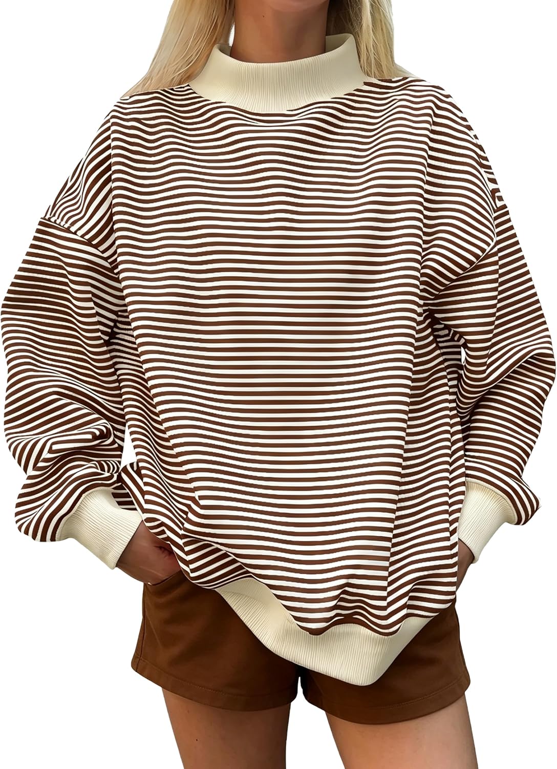 Women Oversized Mockneck Sweatshirt Striped Mock Neck Long Sleeve Pullover T Shirt Spring Fall Lounge Tops