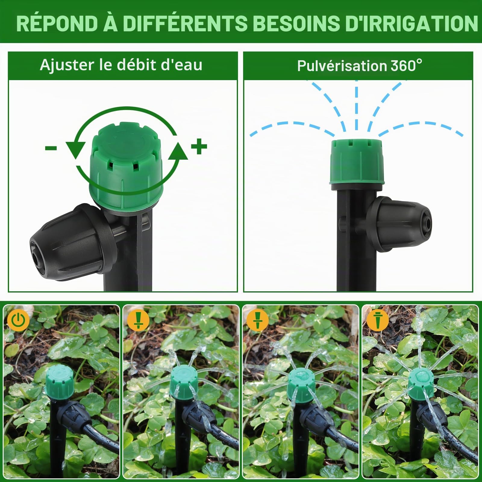 Kalolary 50 goutteurs d'irrigation goutte à goutte de 1/4" avec serrure, émetteurs d'irrigation goutte à goutte pour tuyau de 4/7 mm, réglable à 360 degrés 8 trous pulvérisateur de débit d'eau micro