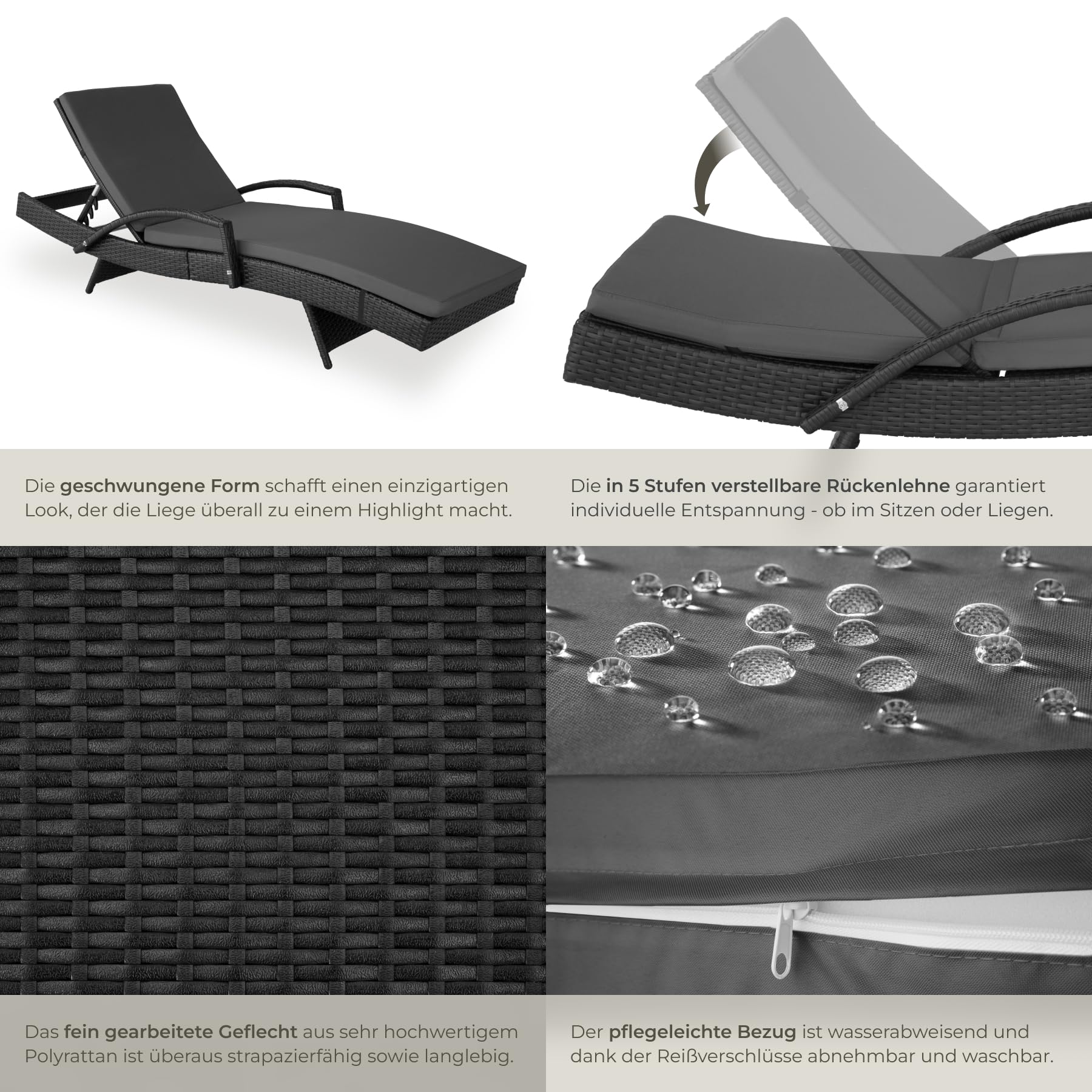 tectake® Polyrattan Sonnenliege, Alu Gartenliege mit 5-Fach Verstellbarer Rückenlehne, wetterfest, Outdoor Relaxliege mit weicher Polsterauflage, Rattanliege für Garten, Balkon und Terrasse - schwarz