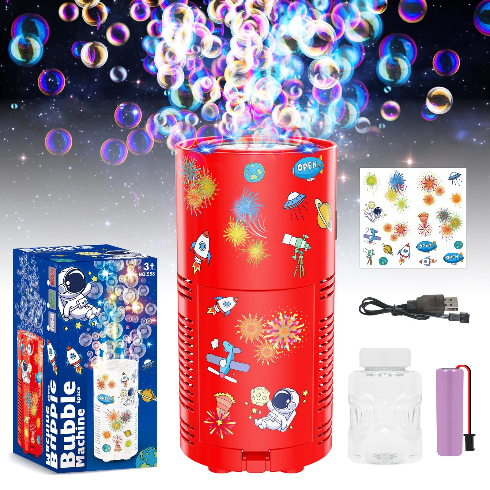 PANACARE Macchina per Bolle Dell'astronauta Macchina per Bolle Fuochi D'rtificio 10000+ Bolle/Luci/Adesivi Fai-Da-Te/Batteria Ricaricabile/ 80 Ml Soluzione per Matrimoni Estivi per Bambini All'aperto