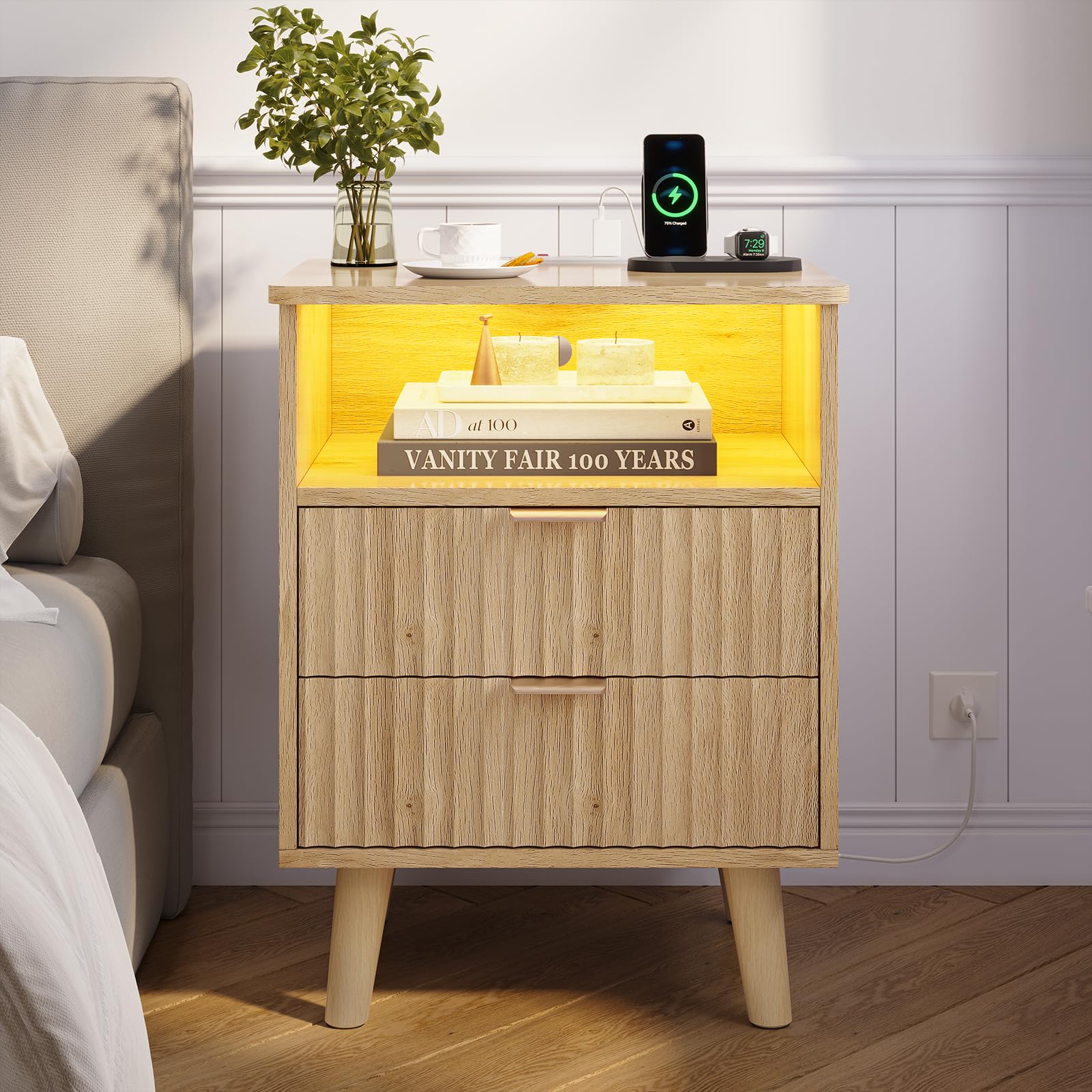 VIAGDO Fluted Nightstand with Charging Station and LED Lights, Modern Night Stand with 2 Drawers and Open Storage Cabinet, Bed Side Table with Gold