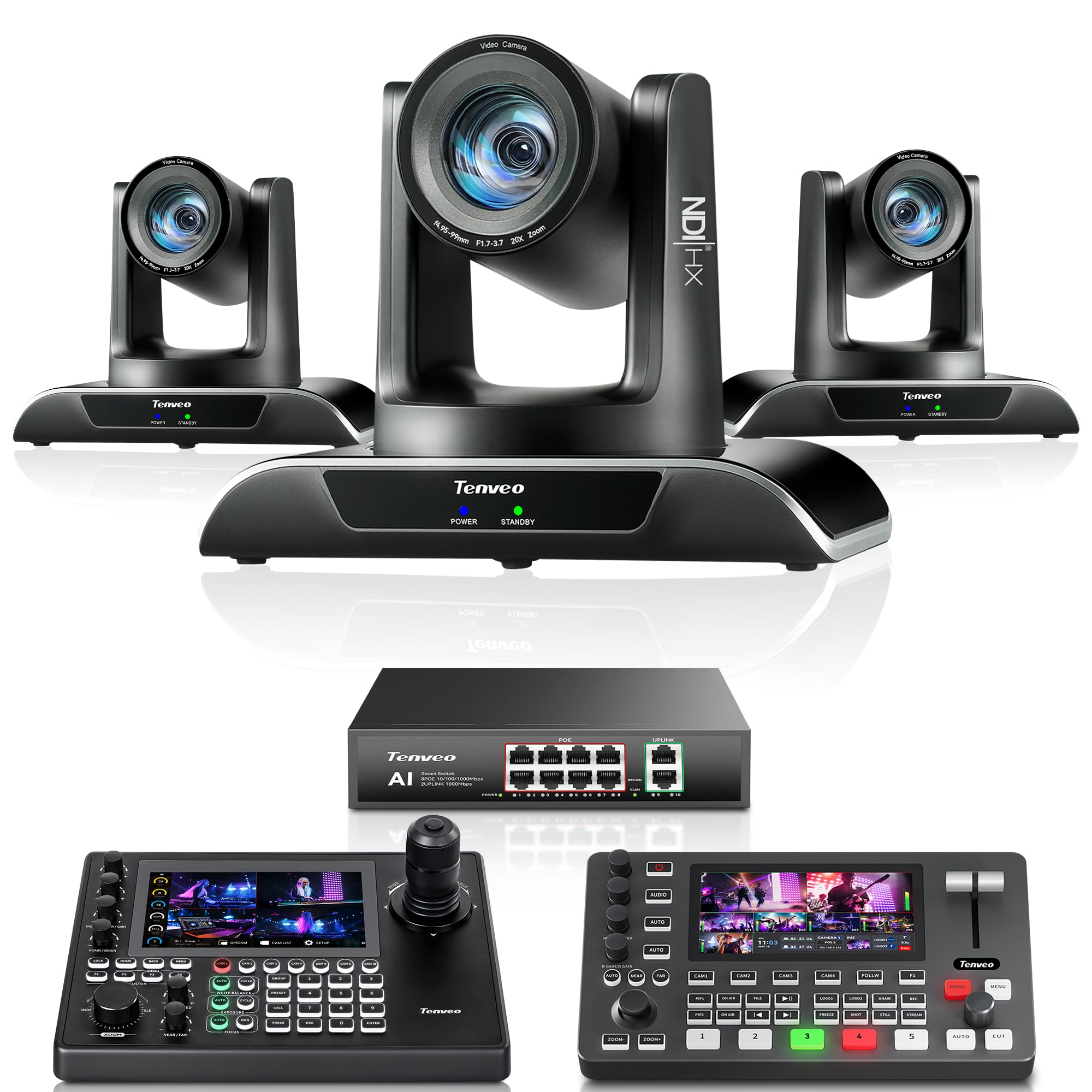Tenveo Kit Telecamere PTZ e Controller, 3 Telecamere PTZ NDI AI Tracking 20X (HDMI/USB3.0/LAN PoE), Controller Joystick 4D con Schermo Touchscreen 7" Quad-View, Switch PoE e Switcher Video