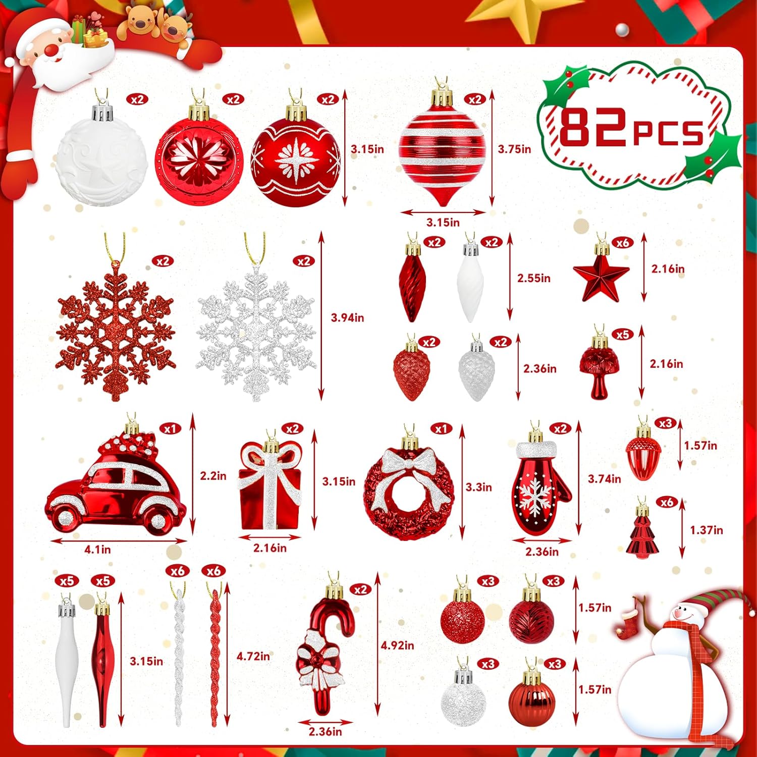 82PCS Christmas Ornaments, Ornaments with Hanging Strings for Christmas Tree Decorations, Hanging Xmas Decorations with Kraft Paper Box with Lid for Holiday, Party(Red&White)