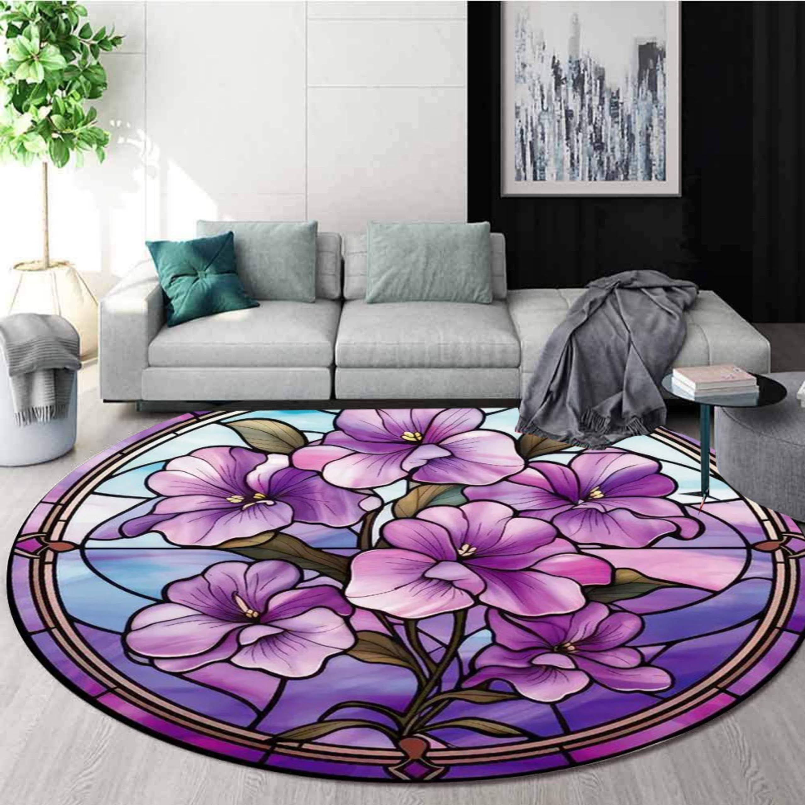 LHOMKCV Purple Flower Round Area Rug, 4ft, Blooming Purple Floral Pattern Round Rugs, Indoor Circular Throw Runner Rug Floor Mat Carpet for Living