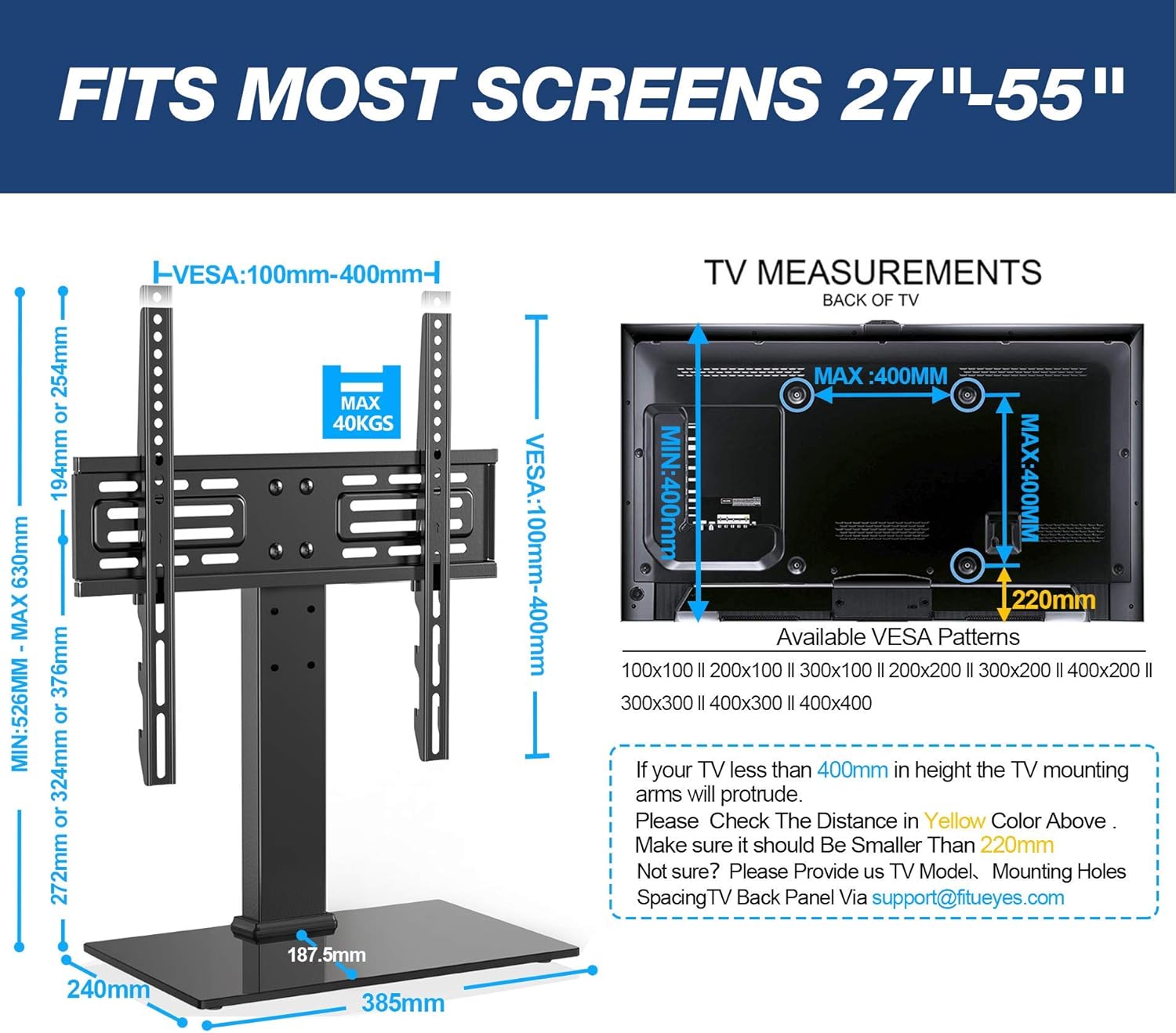 Uр Tо 60% оƒƒ FITUEYES Universal Swivel TV Stand for 27-55 inch LCD LED TVs Height Adjustable TV Stand Base with Tempered Glass Table Top TV Stand in Living Room Holds Up to 88LBS VESA 400x400mm