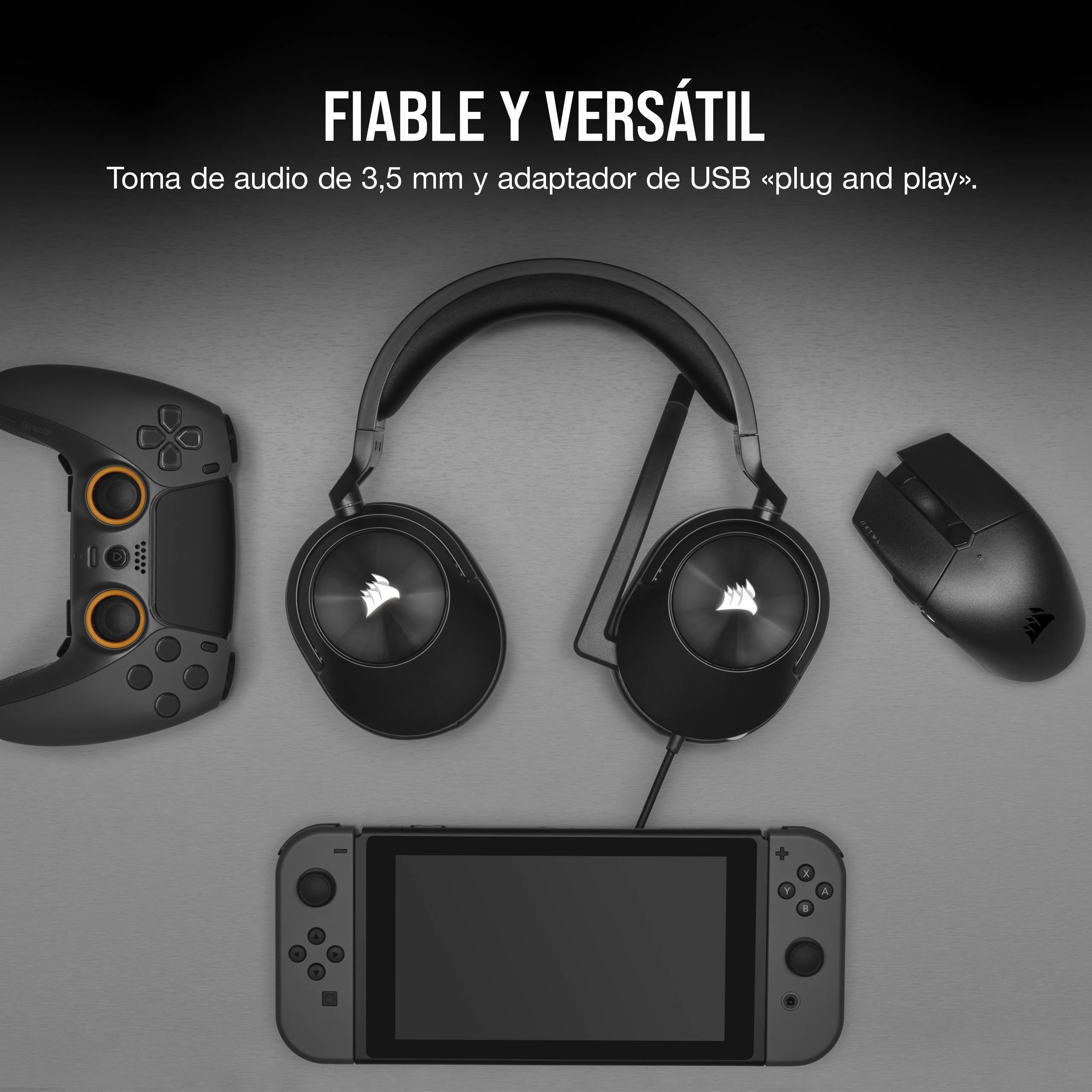 Corsair HS55 Surround Auriculares con Cable para Juegos – Carbono | Ligeros, Sonido Envolvente Dolby 7.1, Compatible con iCUE - PC, Mac, PS5, PS4, Xbox, Nintendo Switch, Móvil
