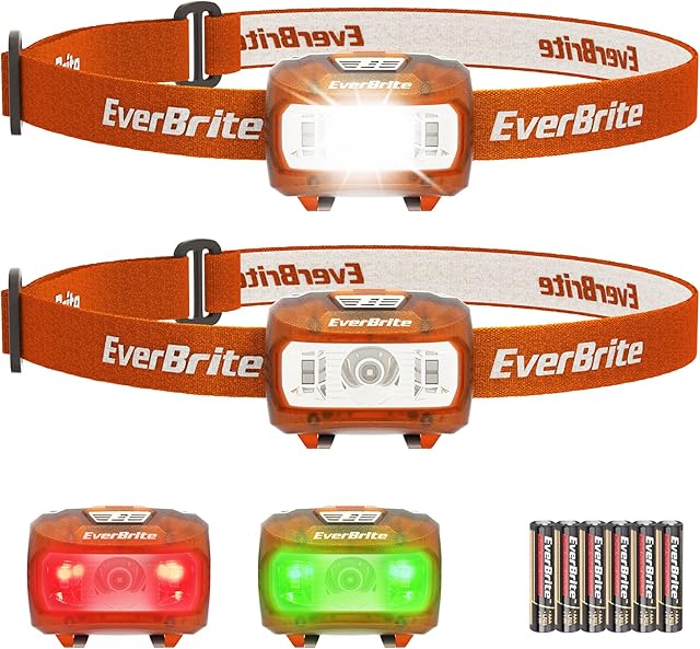 EVERBRITE LED Head Torch Battery Powered, Super Bright Lightweight Headlamp with 5 Lighting Modes, Headlight for Kids and Adults Camping, Running, Cycling, Fishing, Hiking, Reading(2 Pack, Orange)