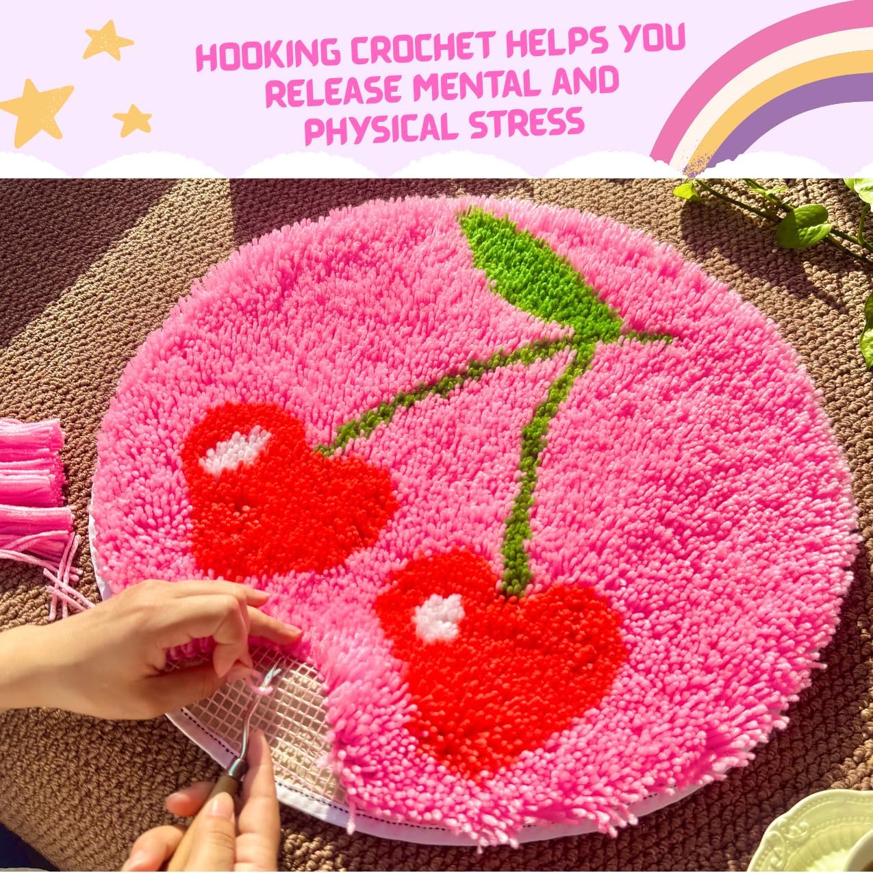 MeoobkCraft Cherry Whisper for Latch Hook Kits for Adults Beginners Cherry Pre-Printed Latch Hook Rug Kits Embroidery Cross-Stitch for Home Home Decoration 19.7 x 19.7in