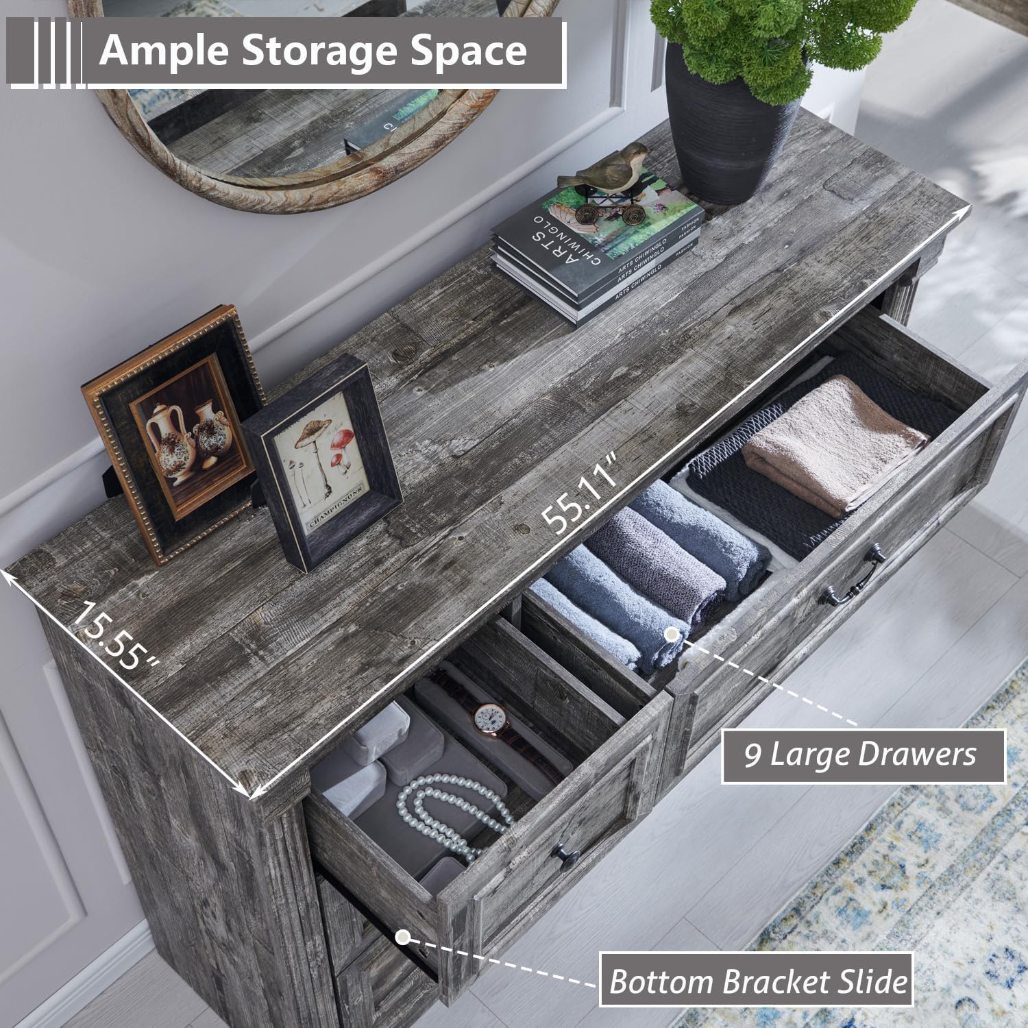 Overhead view of the dresser with some drawers open, showcasing ample storage space.