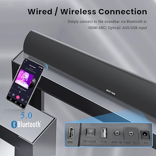 Miniatura 4 de Bestisan - Barra de sonido, sistema de barra de sonido para cine en casa de 80 W con función HDMI-ARC, altavoz de audio Bluetooth 5.0 con cable e