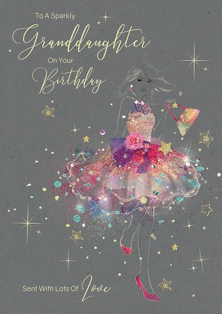 Cherry Orchard Granddaugther Birthday Card - To A Very Special Granddaughter On Your Birthday - Artistic Lady In Gorgeous Pink Floral Dress - Flitter & Gold Foil Finish - For Her