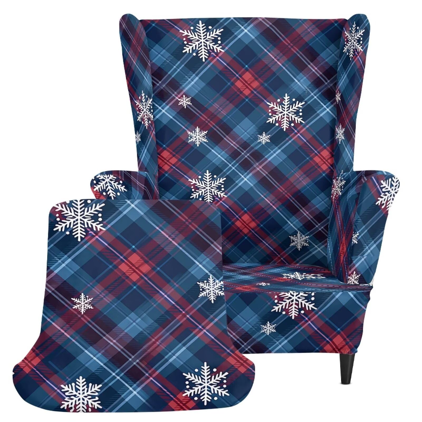Biyejit Blue Christmas Plaid Snowflake Single Wingback Chair Cover 2 Piece — image 1