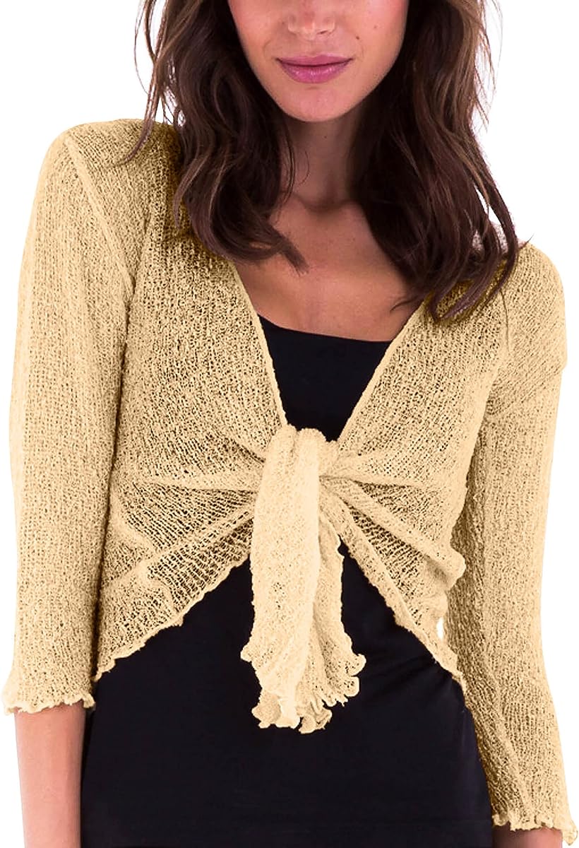 SHU-SHI Women’s Sheer 3/4 Sleeve Shrug Lightweight Mesh Knit Dressy Summer Cover Up, Open Front or Tie​​