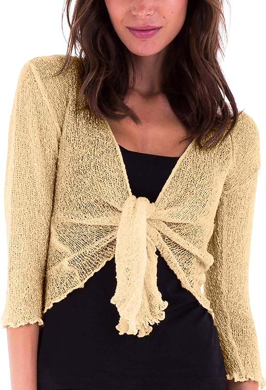 SHU-SHI Women’s Sheer 3/4 Sleeve Shrug Lightweight Mesh Knit Dressy Summer Cover Up, Open Front or Tie​​