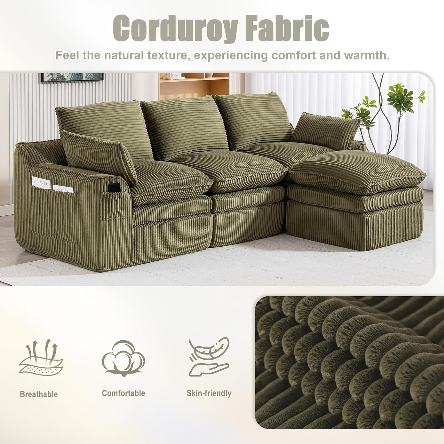 KEIKI 104" Oversized L-Shaped Modular Sectional Couches for Living Room, Modern Corduroy Boneless Sofa Couch with Ottoman, Compressed Modular Sectional No Assembly, Deep Seat Convertible, Emerald