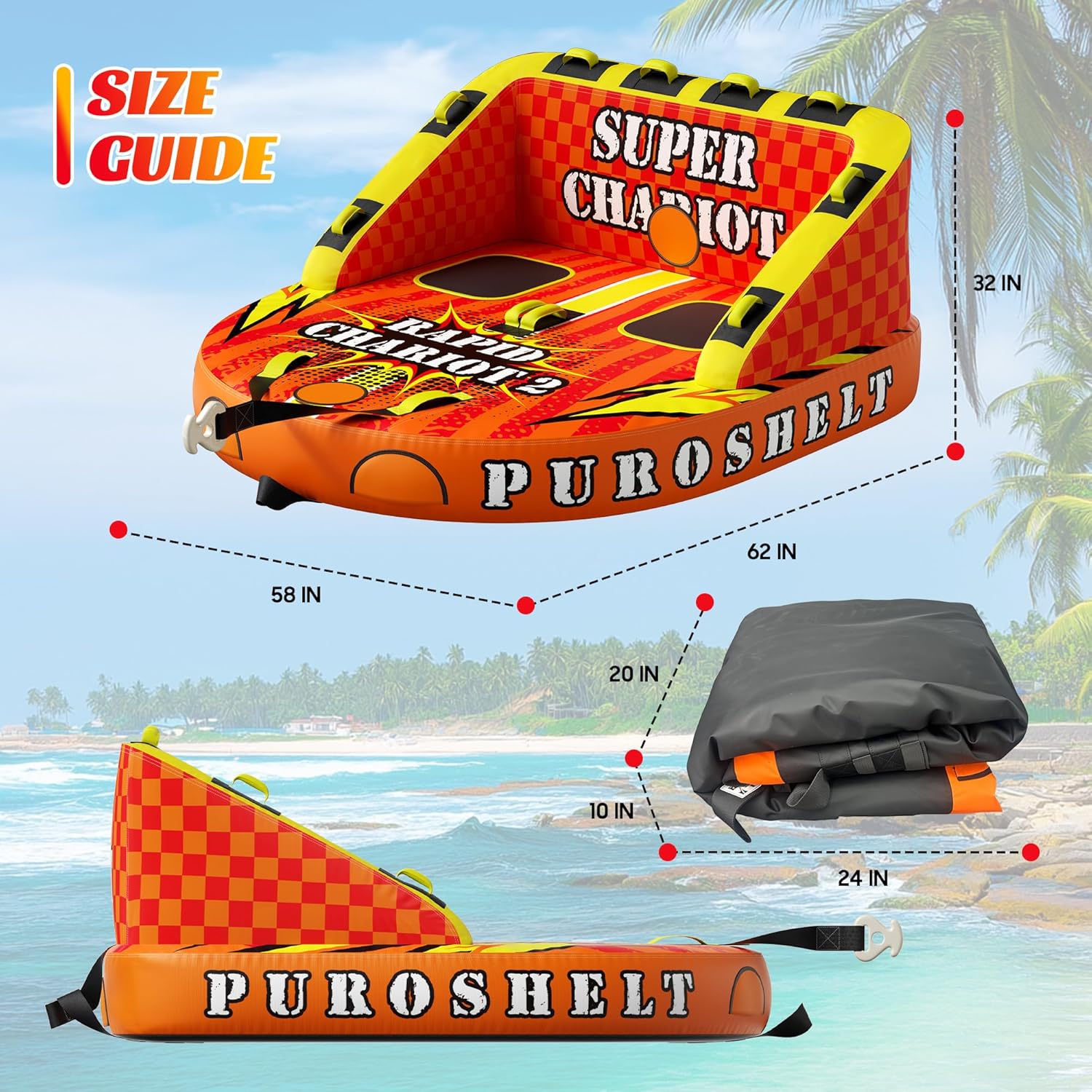 Towable Tubes for Boating Water Tubes - 1-3 Riders Super Sofa, Heavy Duty Boat Tubes & Towables, Drainage, Dual Tow Points (F-1011)