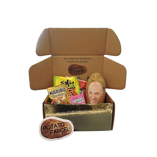 Classy Potato Gift Bundle - Your image and/or message on a real potato! Includes assorted candy and gold surprise gift box. As seen on Shark Tank!
