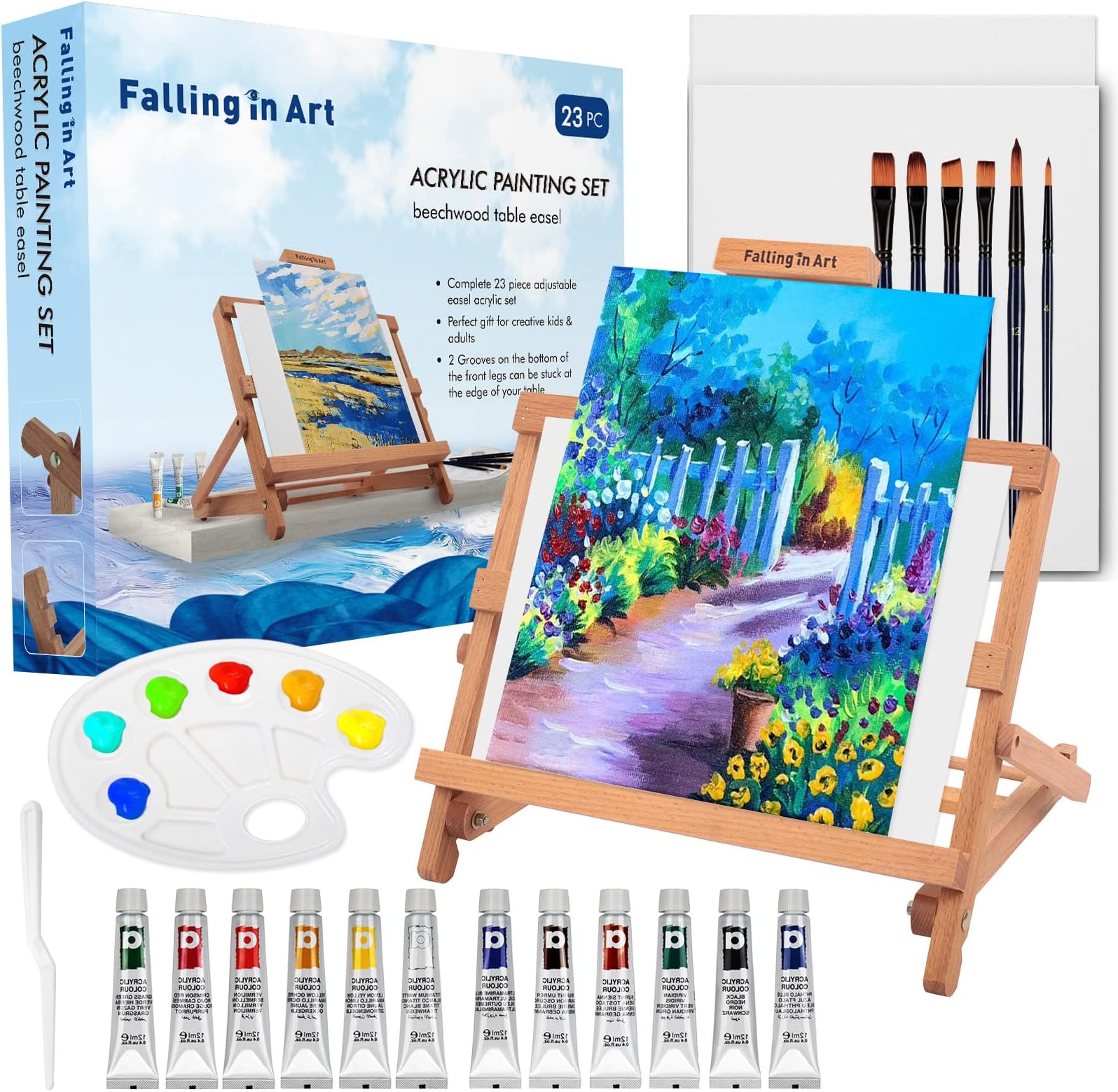 Falling in Art Adjustable Easel Set-Tabletop Easel Starter Kit with Acrylic Painting Sets, Canvas Panels, Brushes, Palette for Gifts