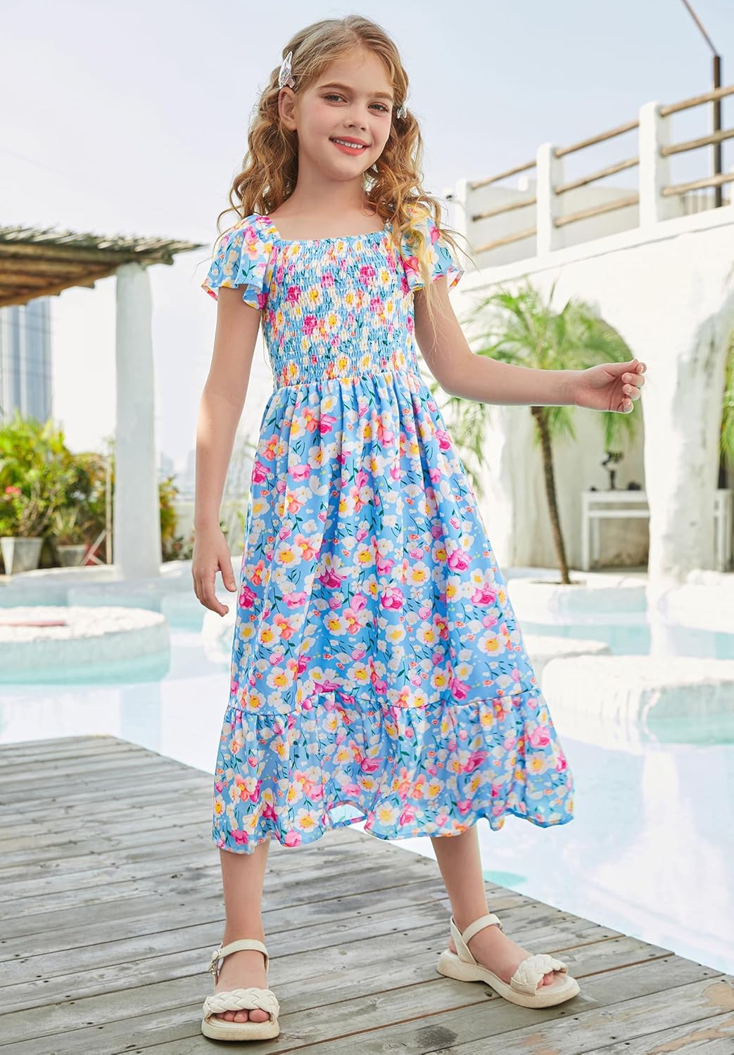 GRACE KARIN Girls Flutter Sleeve Floral Dresses Girl Long Midi Spring Dress Kids Smocked Flare Summer Dress 6-16Y - Image 5