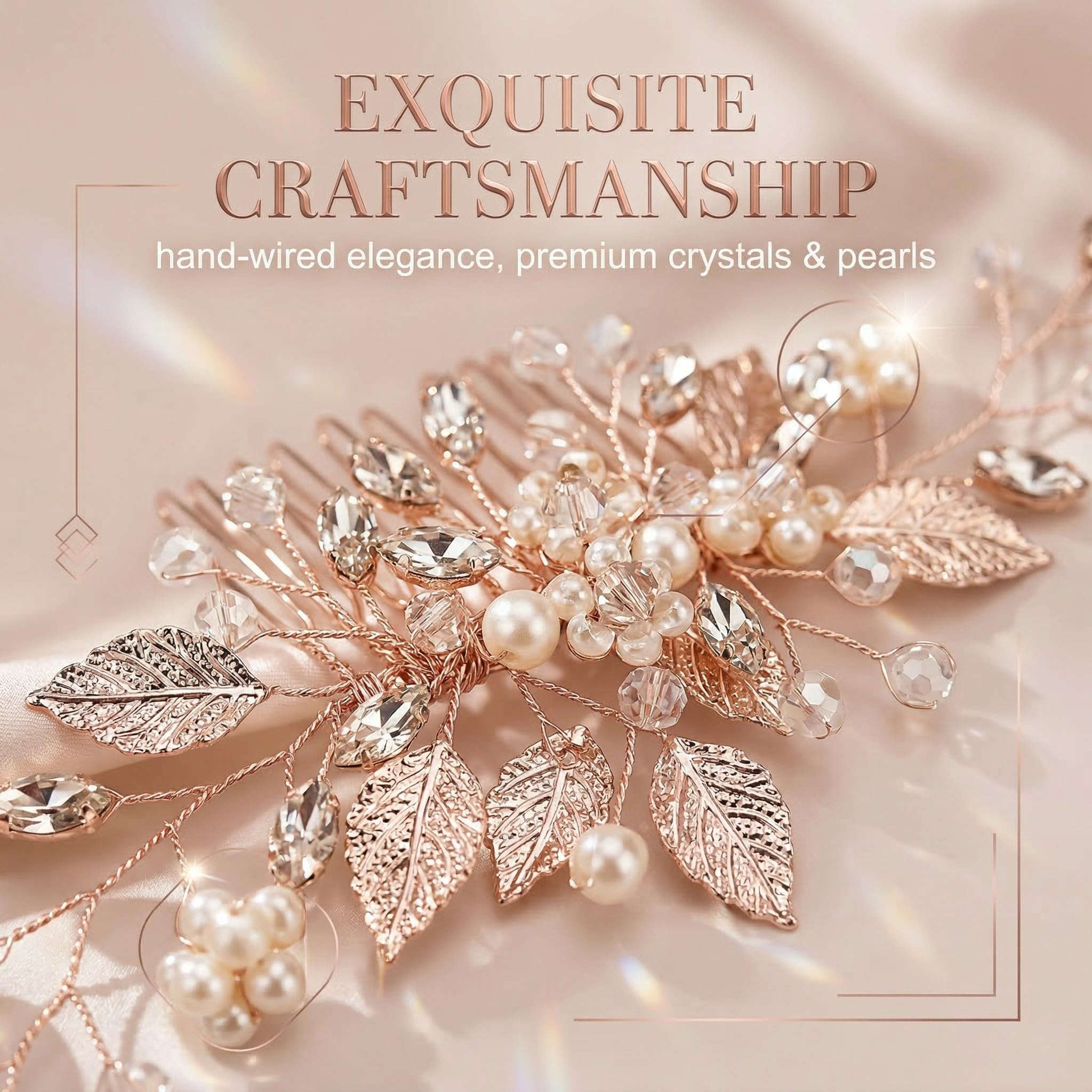Tocados de Pelo Boda Novia, Oro Rosa Peinetas para el Pelo Flor, Perla Headpiece Nupcial Cristal Hoja Accesorios para el Cabello, Accesorios Pelo para Mujeres y Niñas