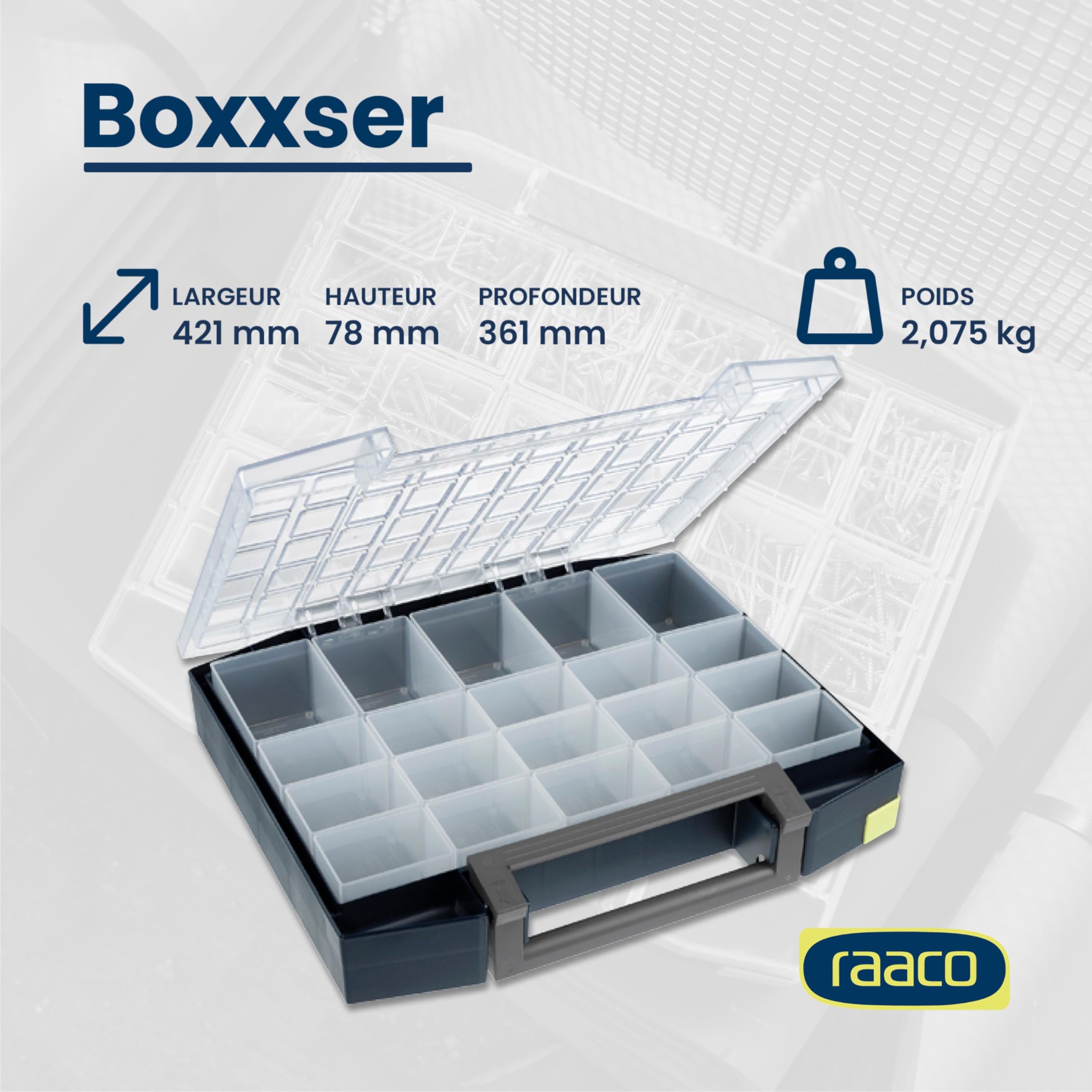 Raaco Boxxser 80 5x10-20 boîte de rangement, 20 compartiments, système | Boîte de Rangement Visserie Premium pour Atelier avec 20 Compartiments, Stockage Sécurisé, Portable, 36.1 x 42.1 x 7.8 cm