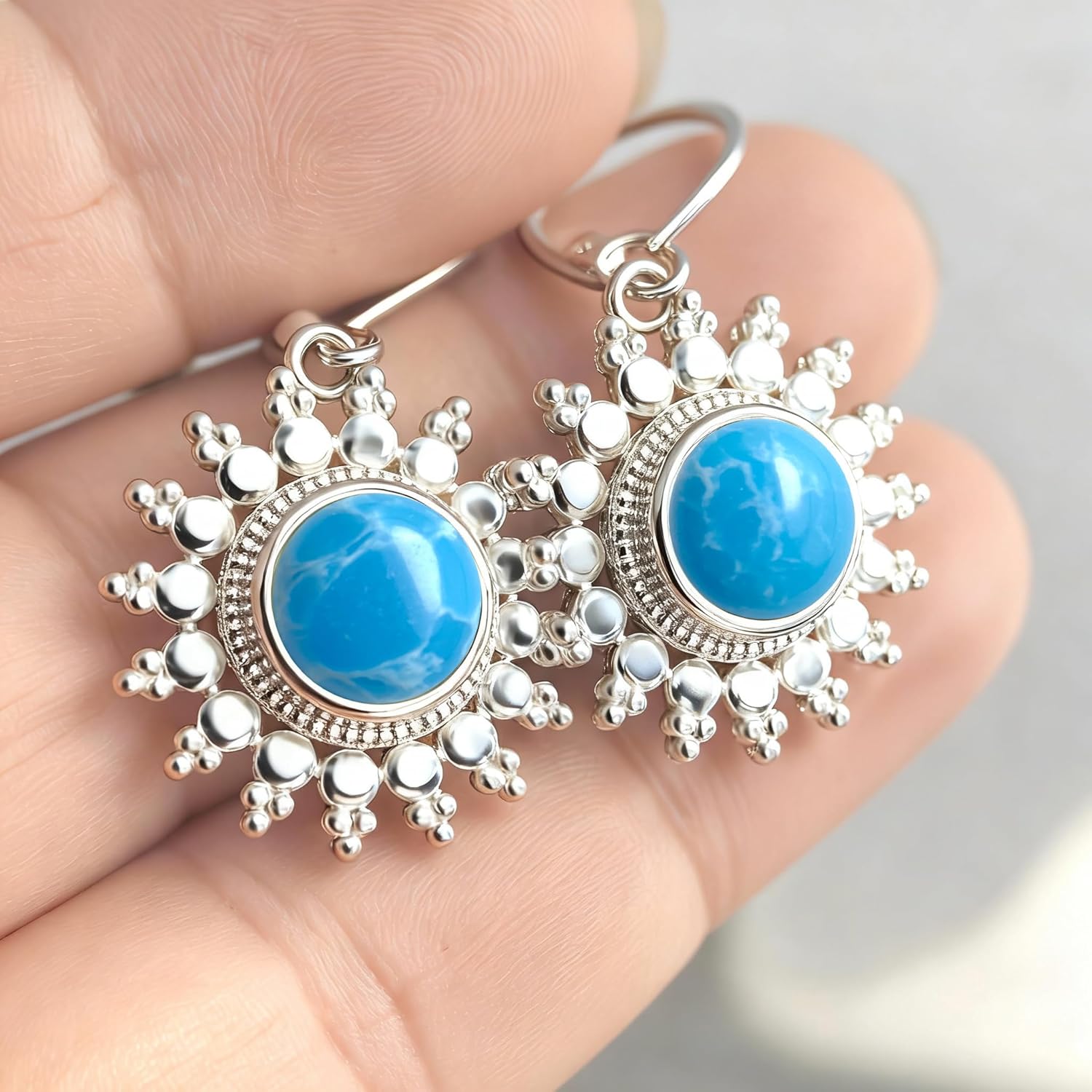 Natural Round Stone Sun Flower Drop Earrings,925 Sterling Silver Real Genuine Crystal Quartz Gemstone Dangle Dangling Statement Earrings Jewelry for Women Her - Image 2