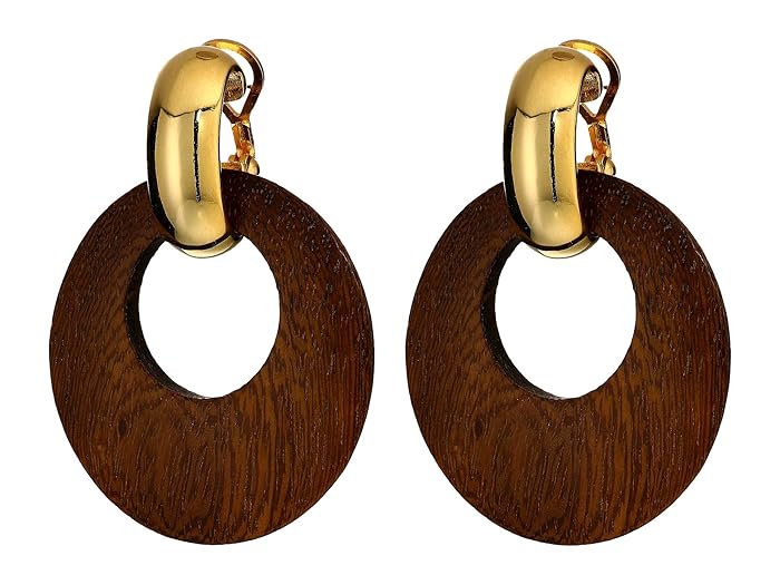 Kenneth Jay Lane  Dark Wood Hoop with Polished Gold Clutchless Pierced Earrings (Polished Gold/Dark Wood) Earring