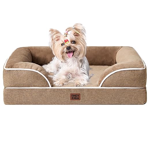 EHEYCIGA Orthopedic Dog Bed for Small Dogs, Waterproof Memory Foam Small Dog Beds with Sides, Non-Slip Bottom and Egg-Crate Foam Medium Pet Couch Bed with Washable Removable Cover, Camel