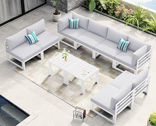 Miniatura 854 de NICESOUL 7 Piece White Powder-Coated Aluminum Patio Furniture with Fire Pit Table, 29 Inch Extra Wide Outdoor Sectional Sofa for 6, High-End Heavy