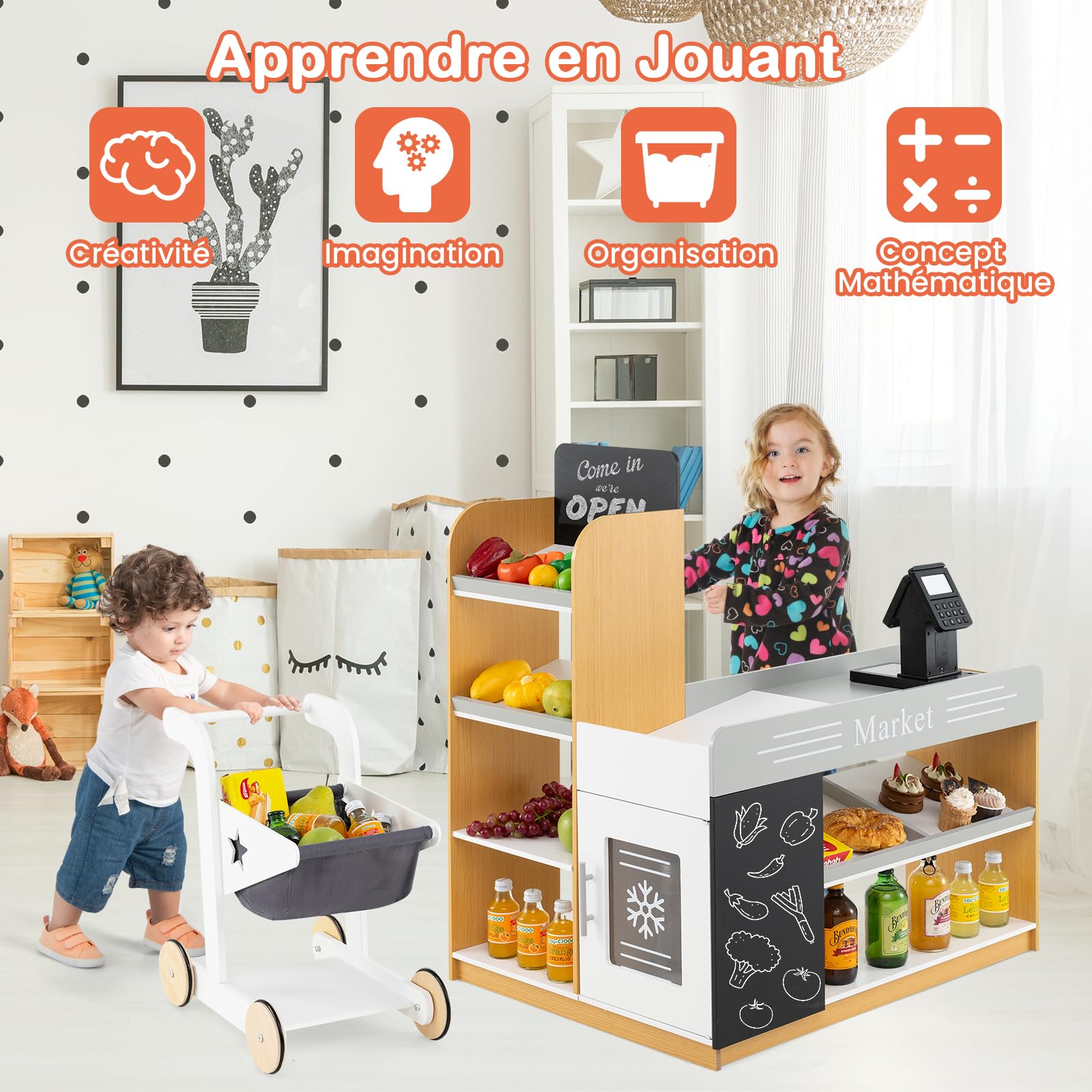 GOPLUS Marchande en Bois Enfant, Supermarché Enfant avec Chariot de Courses, Caisse Enregistreuse, Scanner, Tableau Noir, Grand Rangement, Jouet pour Filles Garçons 3+ Ans