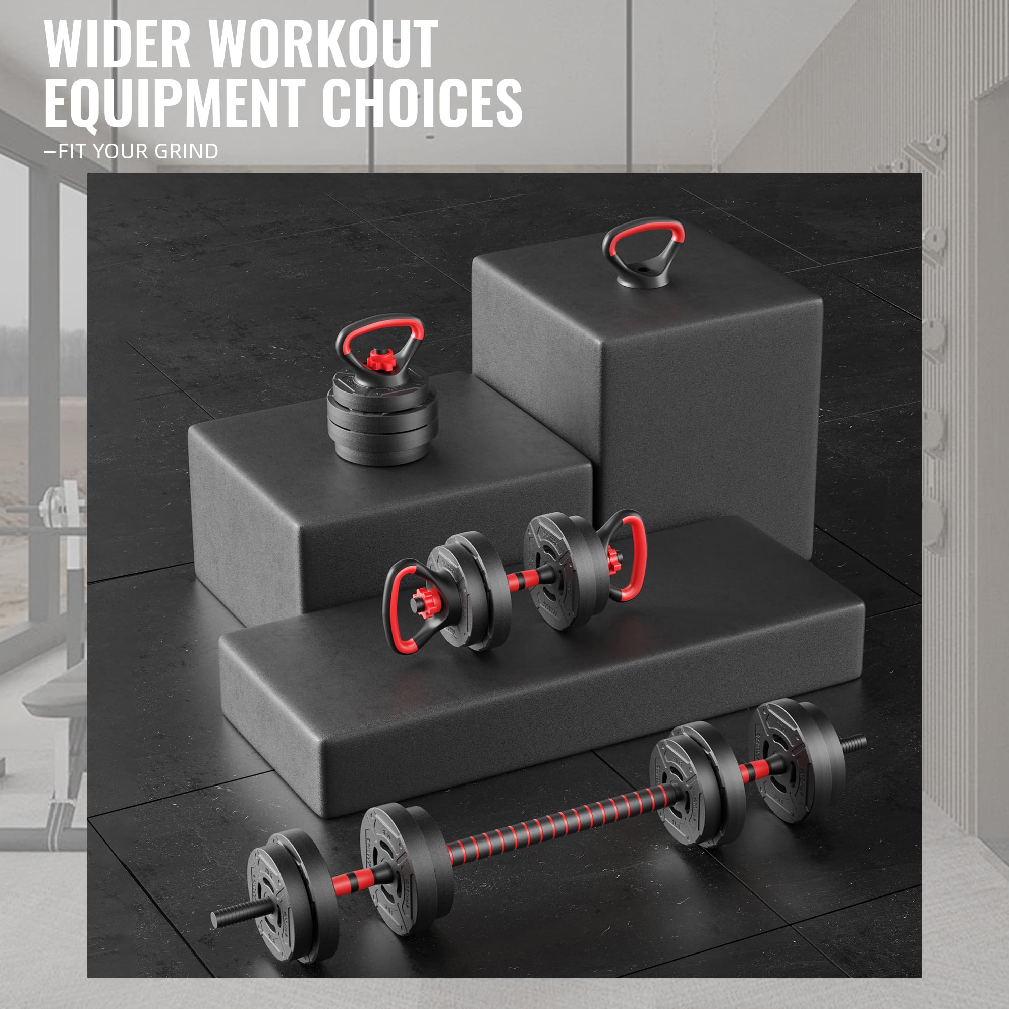 OLIXIS Adjustable Dumbbell Set, 4 IN 1 Changeable Dumbbells, Barbell, Kettlebells and Push Up Stand, Multi-Functional Exercise and Fitness for Home Gym